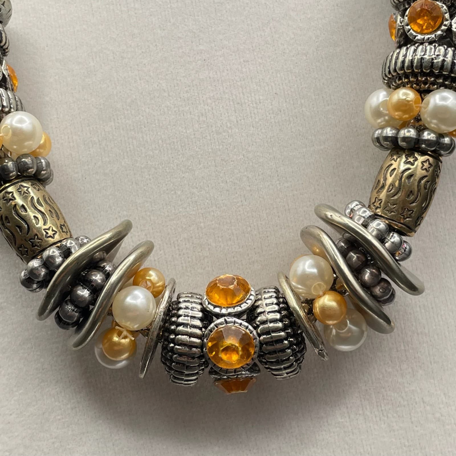 Vintage Mixed Media Accents Beads & Rhinestones Silver Tone Necklace Chain - Thumbnail 7