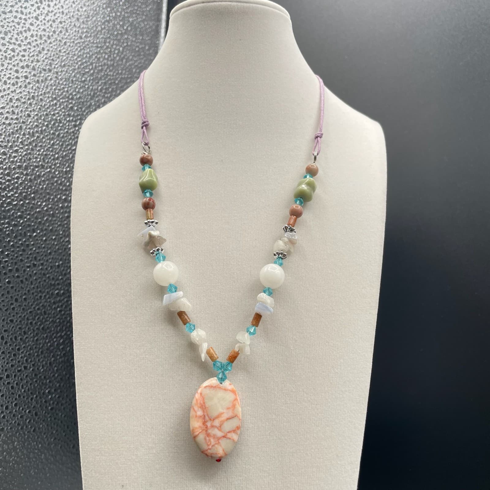 Vintage Multicolor Jasper Quartz Agate Gemstones Lobster Beaded Necklace - 11" - Thumbnail 3