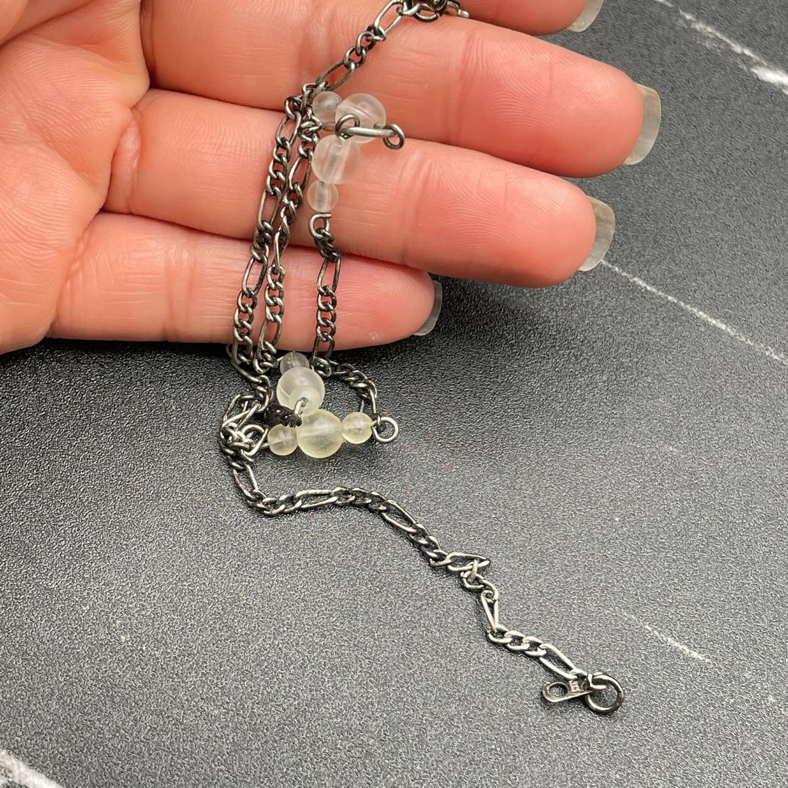 Vintage Silver-Tone Clear Beaded Fashion Romantic Lobster Chain Necklace - Thumbnail 4