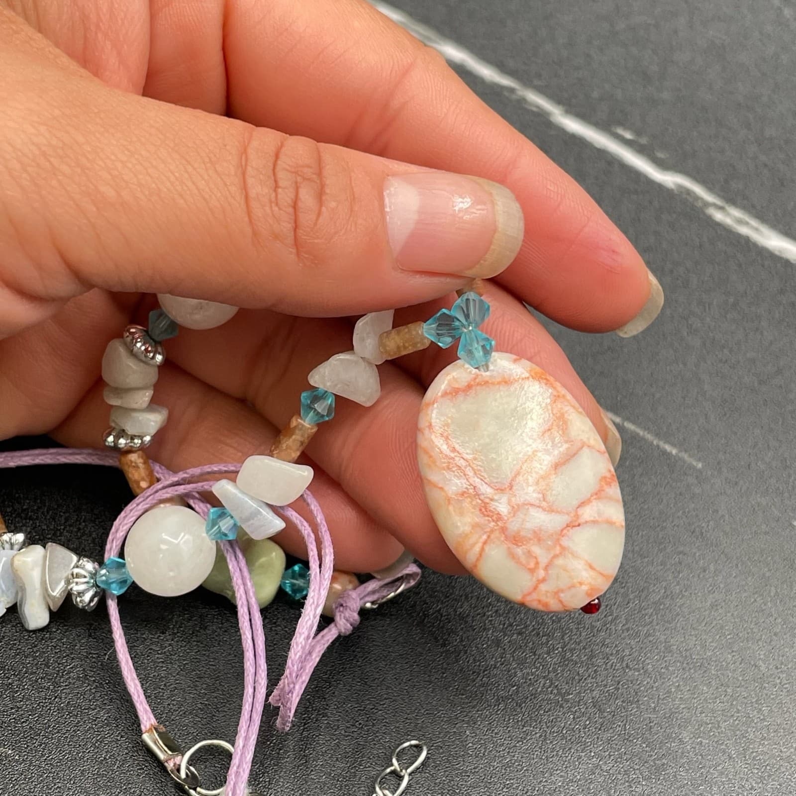 Vintage Multicolor Jasper Quartz Agate Gemstones Lobster Beaded Necklace - 11" - Thumbnail 13