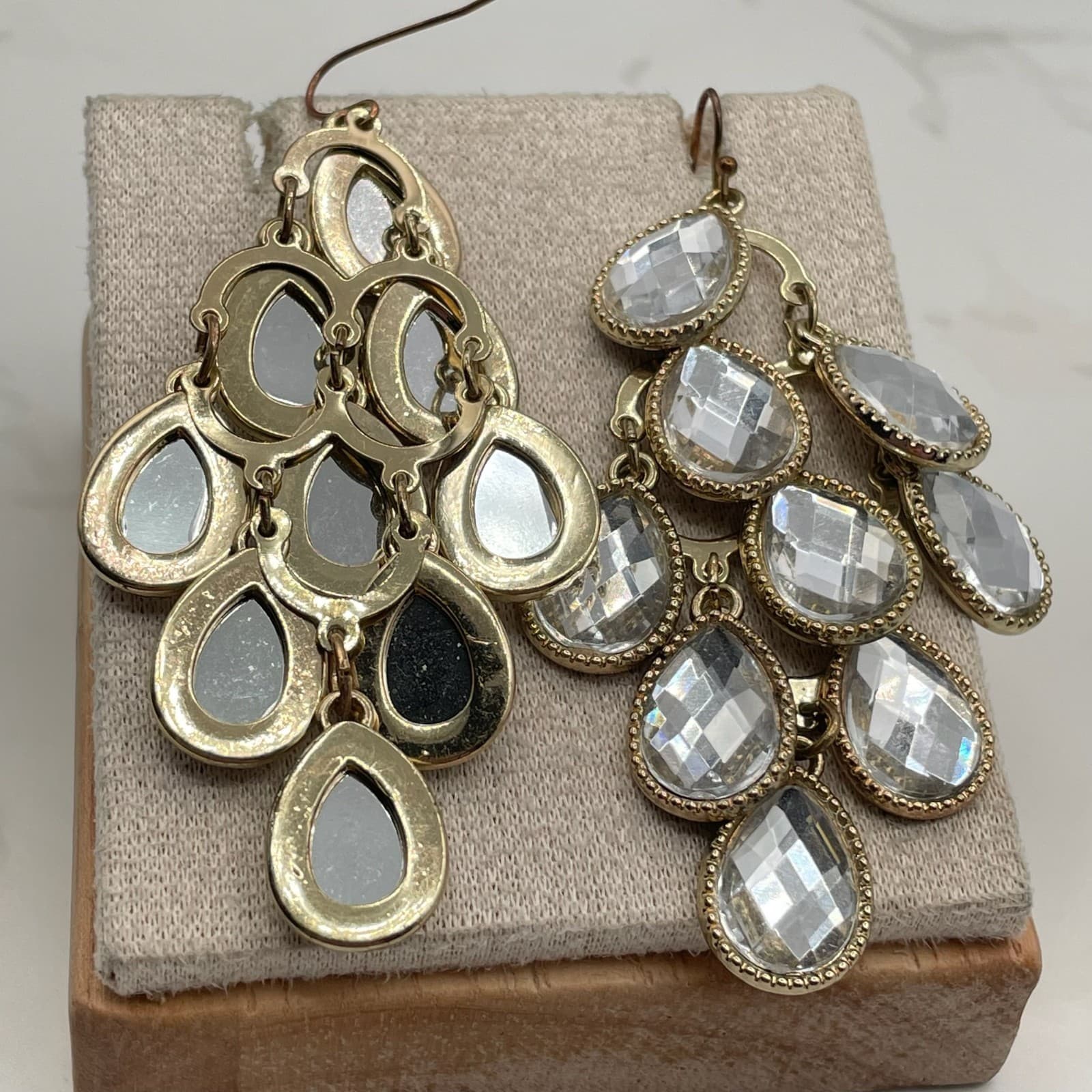 Vintage Gold-Tone Tiered Teardrop Chandelier Earrings with Faceted Clear Glass - Thumbnail 12