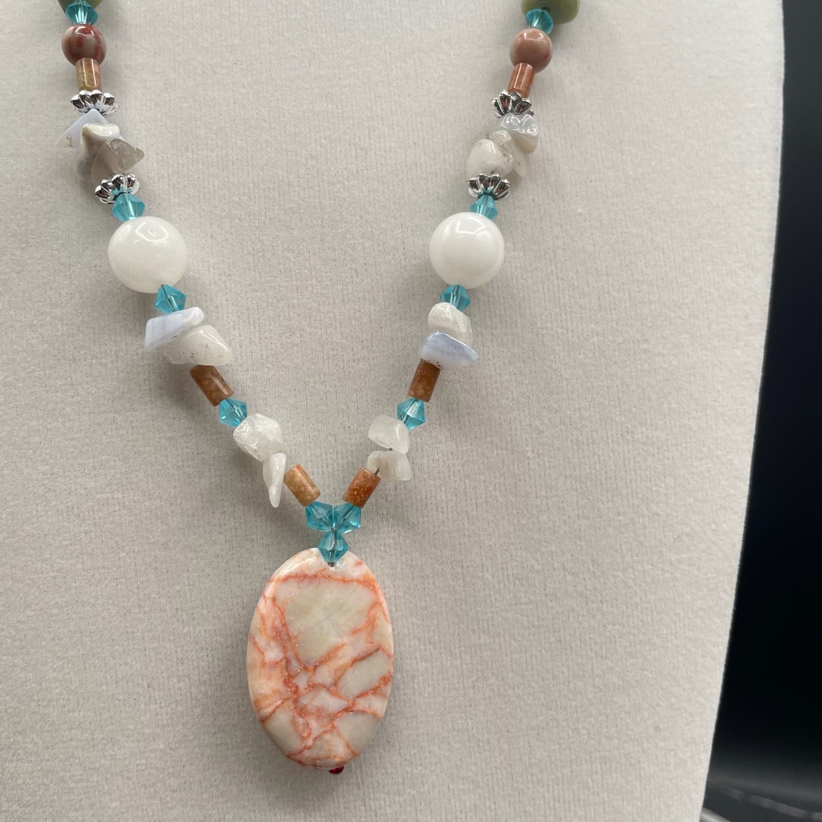 Vintage Multicolor Jasper Quartz Agate Gemstones Lobster Beaded Necklace - 11" - Thumbnail 8