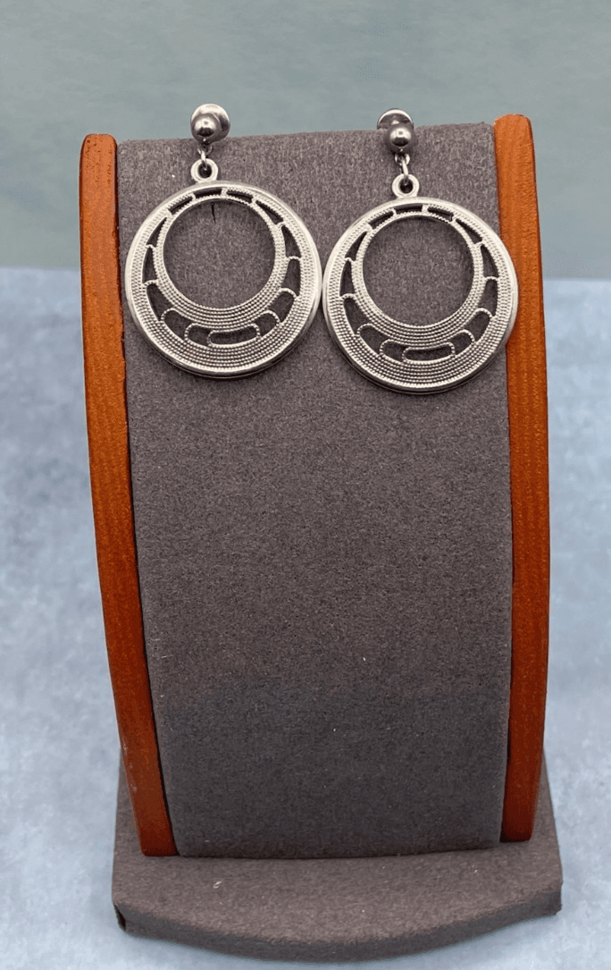 Vintage Silver Tone Cutout Textured Round Hoop Dangle Modern Post Stud Drop - Thumbnail 2