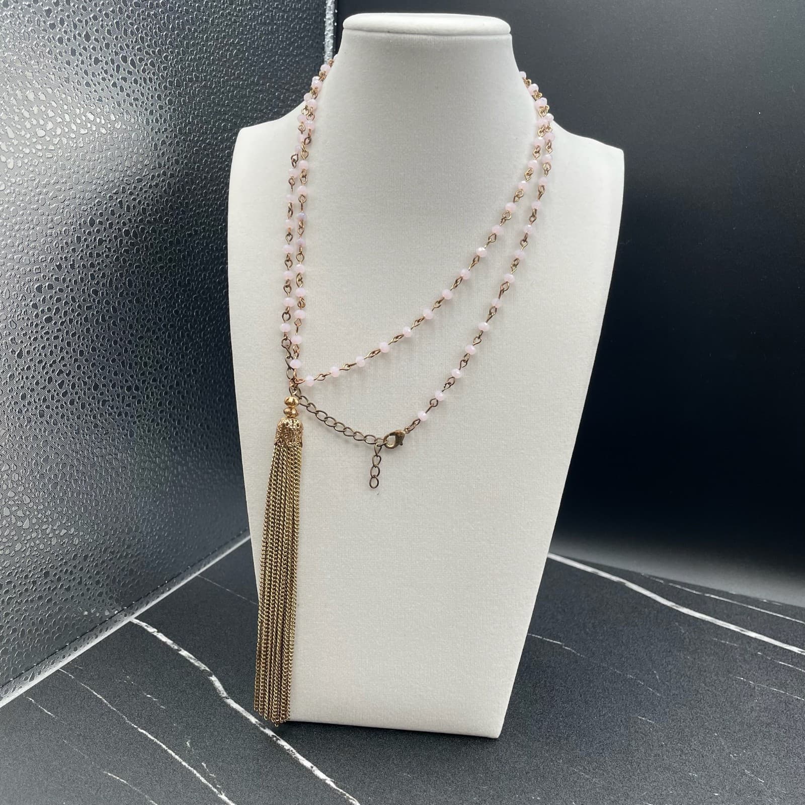 Vintage Gold-Tone Glass Beaded Lobster Claw Fashion Tassel Pendant Necklace - Thumbnail 2