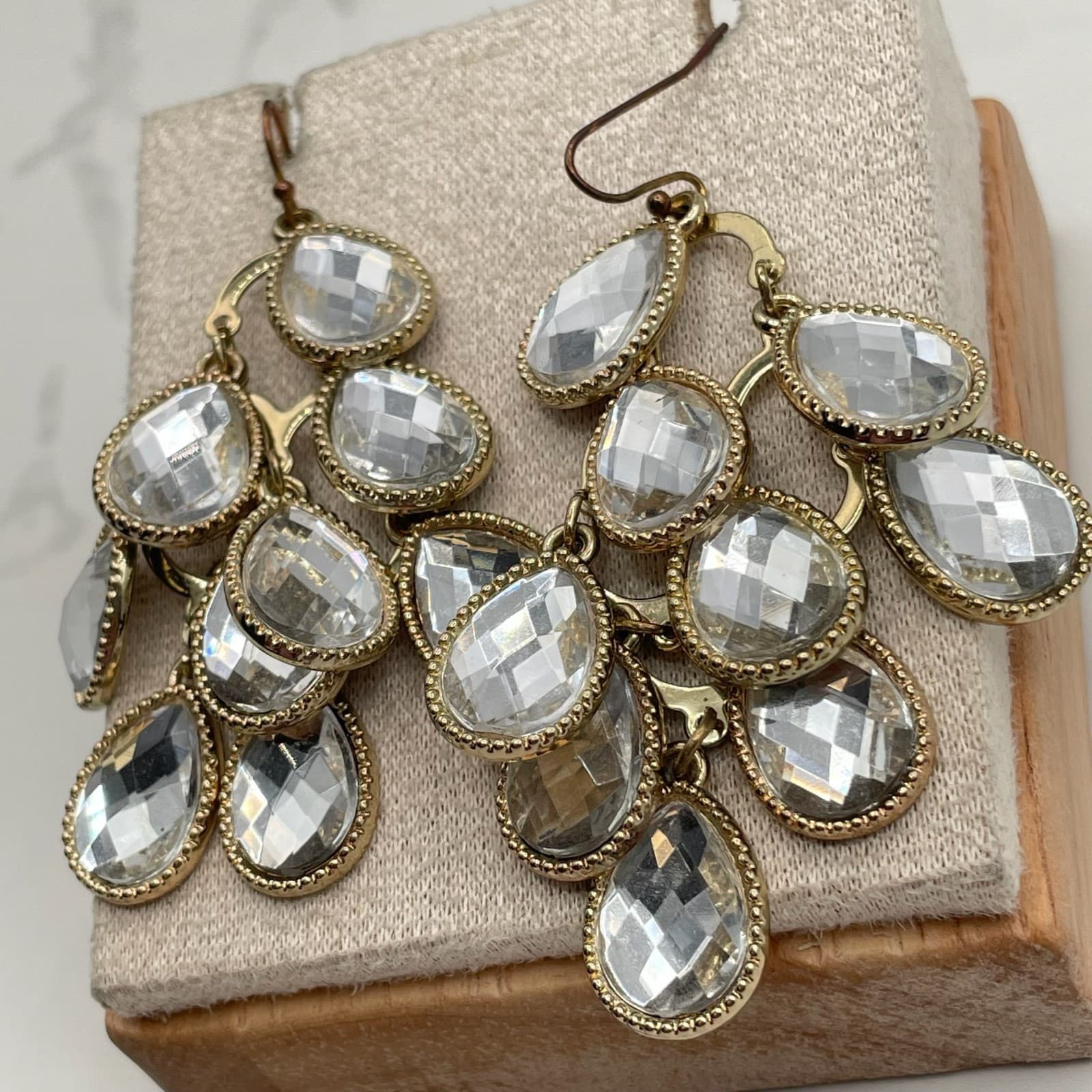 Vintage Gold-Tone Tiered Teardrop Chandelier Earrings with Faceted Clear Glass - Thumbnail 5