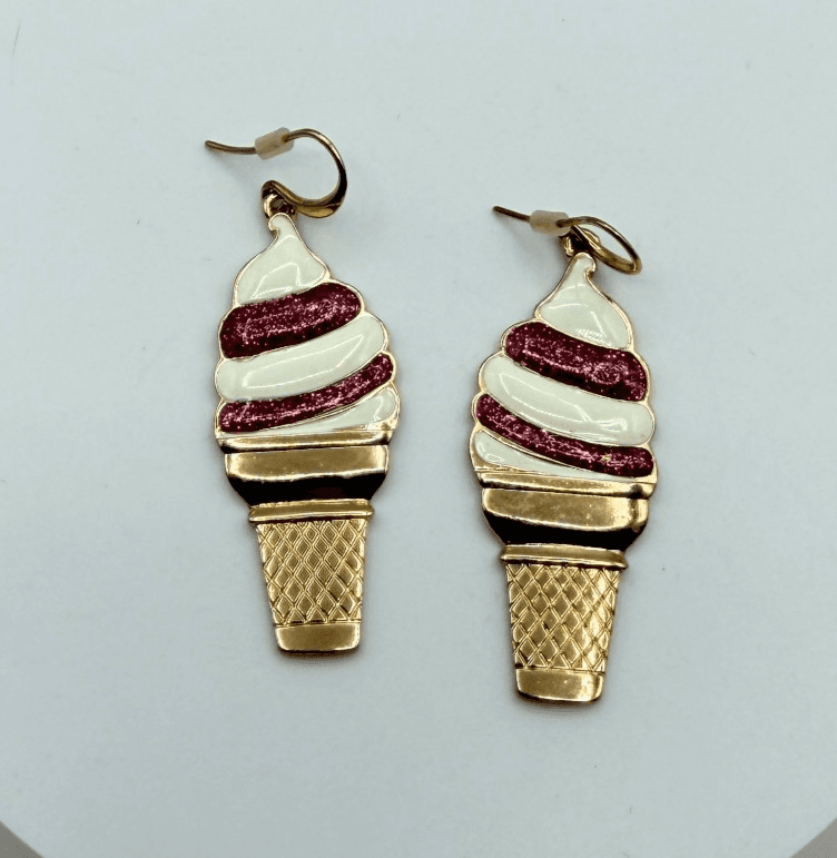 Vintage 90s SUGARFIX Enamel Ice Cream Cone Dangle Earrings Fashion Jewelry - Image 1