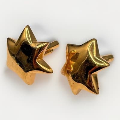 Vintage Chunky Shiny Gold Tone Clip-Back Puffed Star Cuff Links - Image 1