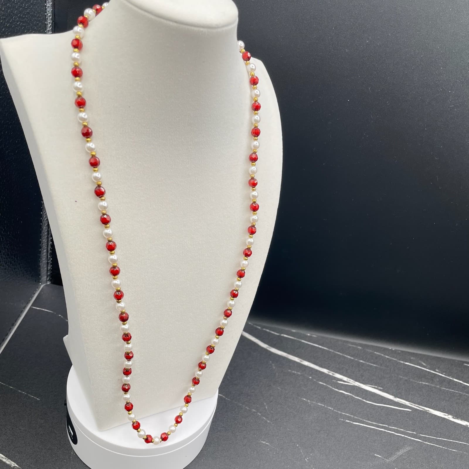 Vintage Red Gold White Faux Pearl & Gemstone Beaded Womens Fashion Jewelry Long - Thumbnail 5