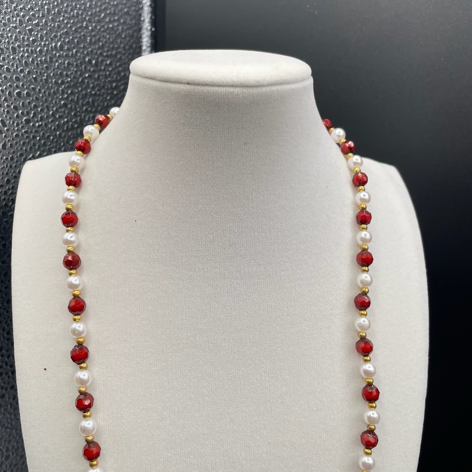 Vintage Red Gold White Faux Pearl & Gemstone Beaded Womens Fashion Jewelry Long - Thumbnail 7