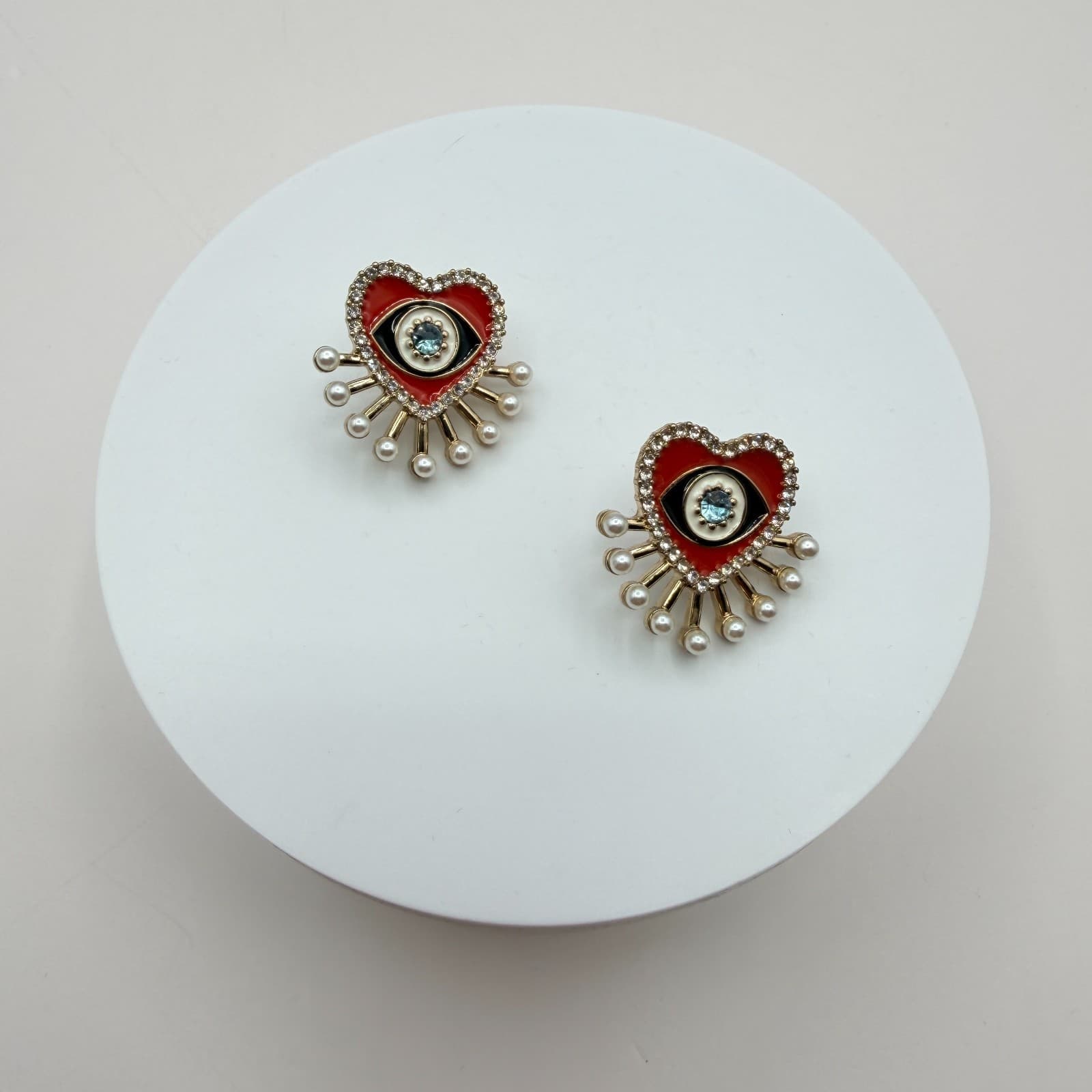 Vintage 90s SUGARFIX Red Heart Evil Eye Pearl Drop Earrings Fashion Jewelry - Thumbnail 2