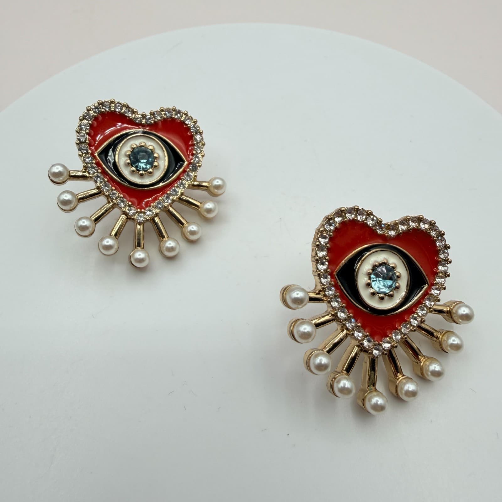 Vintage 90s SUGARFIX Red Heart Evil Eye Pearl Drop Earrings Fashion Jewelry - Image 1