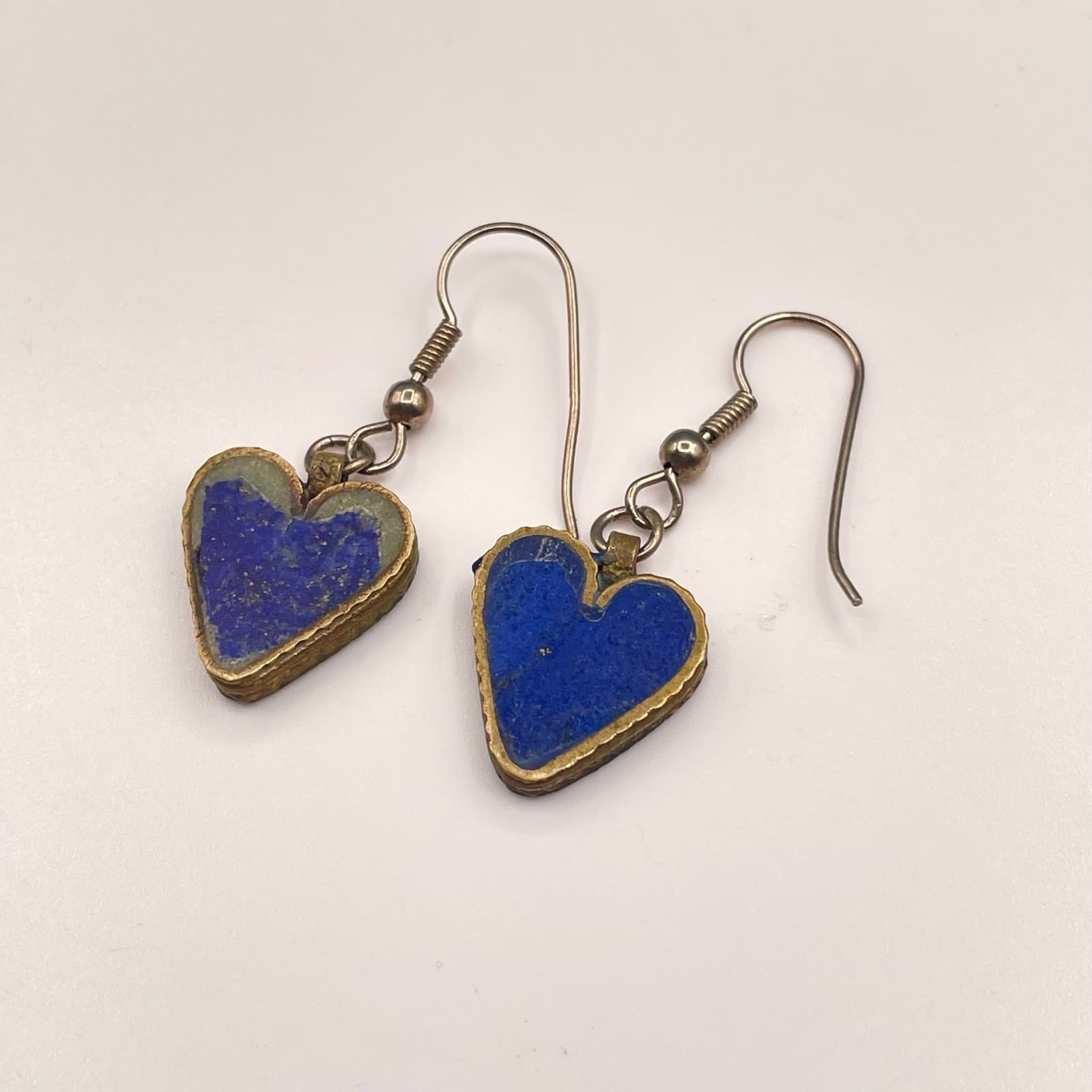 Vintage Style Boho Brass Tone Dangle Hook Lapis Lazuli Heart Drop Earrings - Thumbnail 2