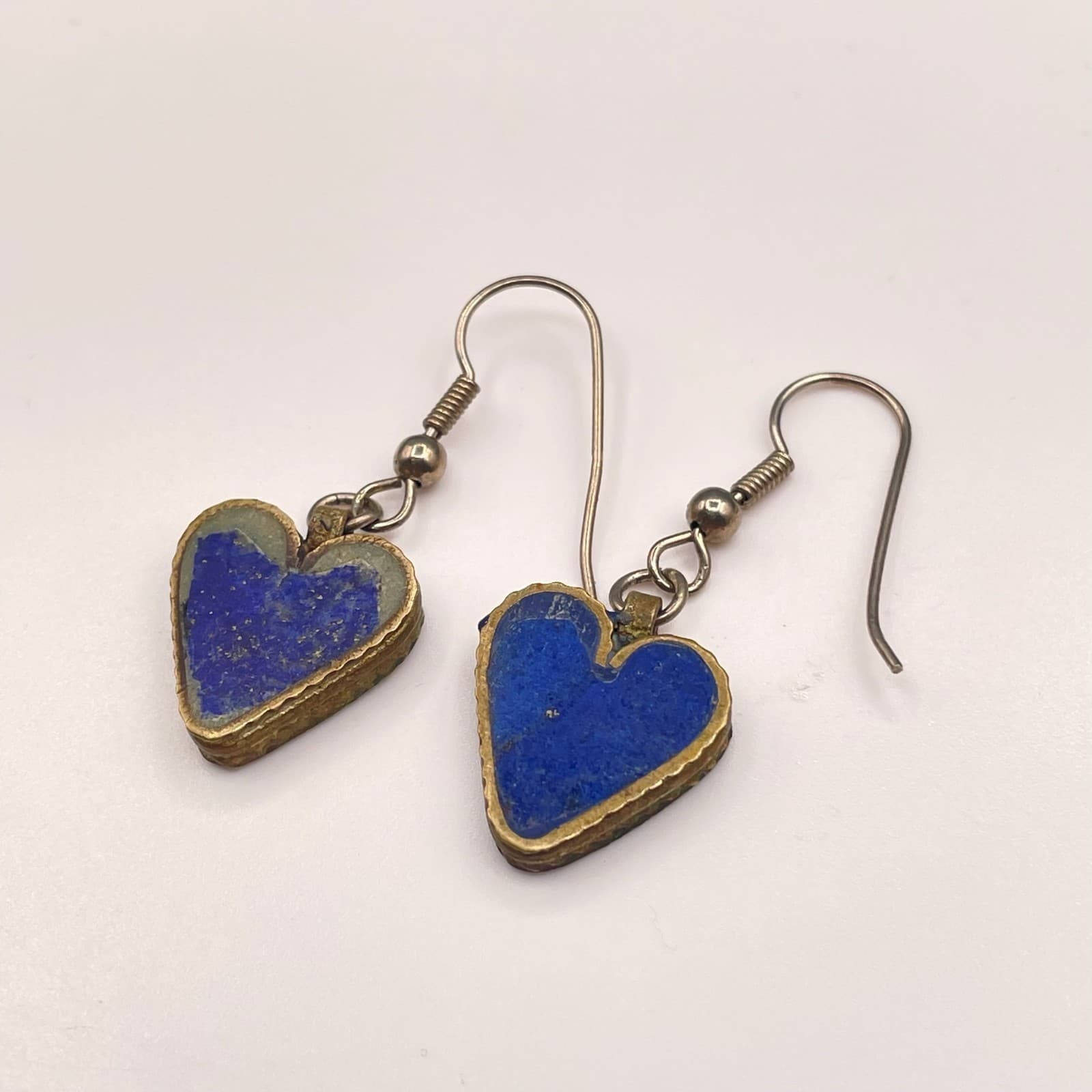 Vintage Style Boho Brass Tone Dangle Hook Lapis Lazuli Heart Drop Earrings - Thumbnail 3