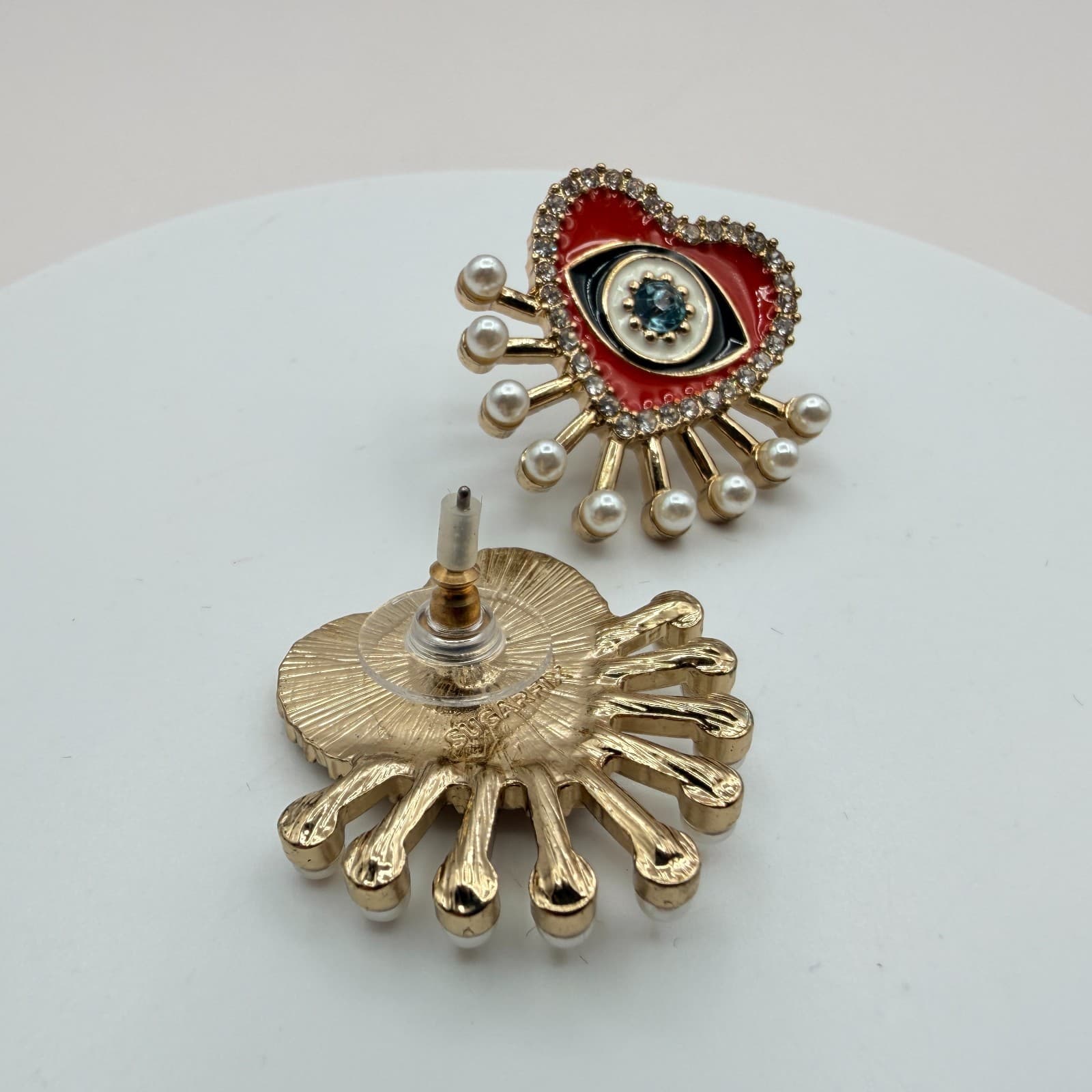 Vintage 90s SUGARFIX Red Heart Evil Eye Pearl Drop Earrings Fashion Jewelry - Thumbnail 7