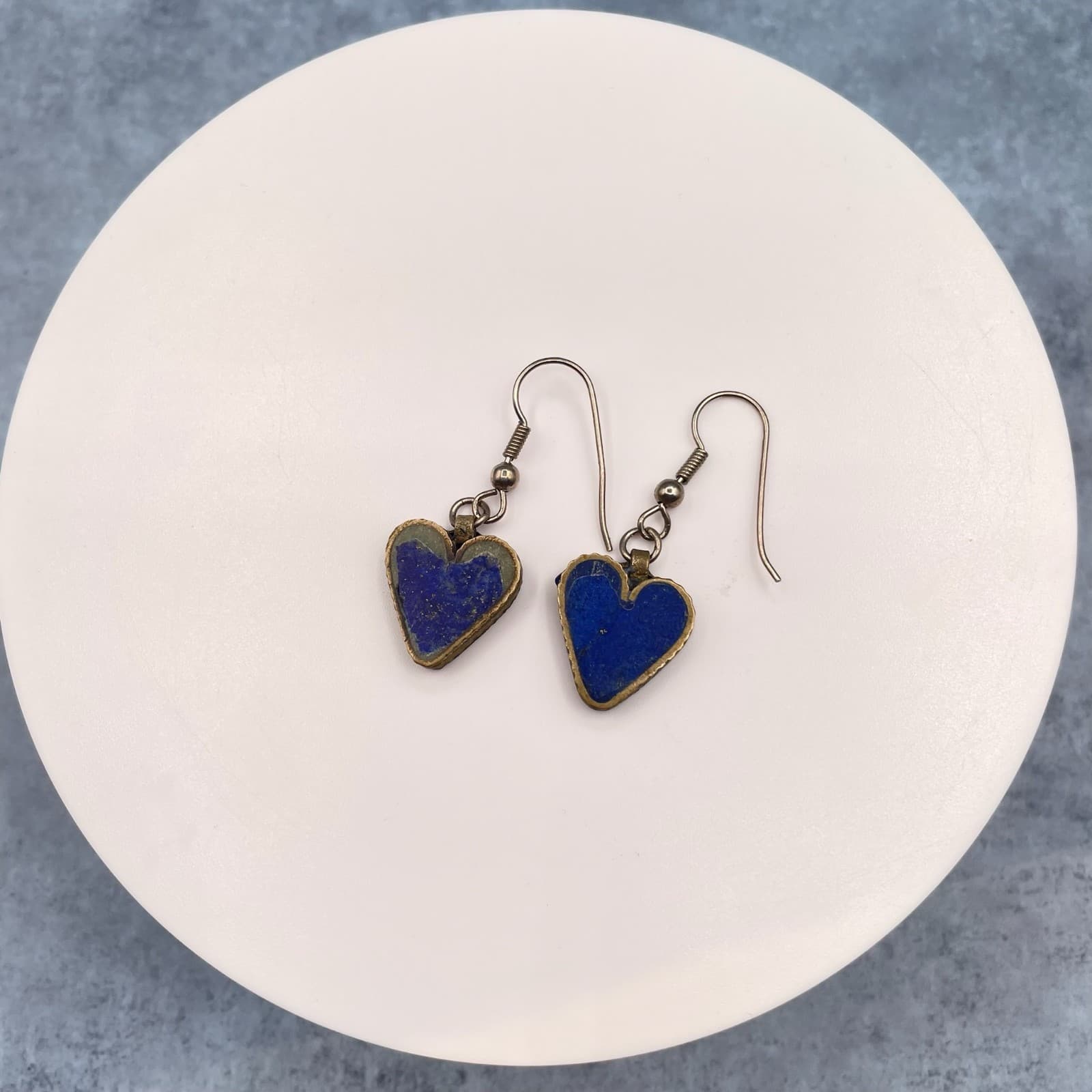 Vintage Style Boho Brass Tone Dangle Hook Lapis Lazuli Heart Drop Earrings - Thumbnail 6