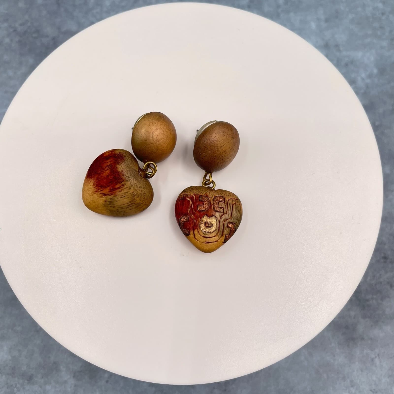 Vintage Wooden Dangle Heart Bead Accent Shape Earrings with Tribal or Ethnic - Thumbnail 2