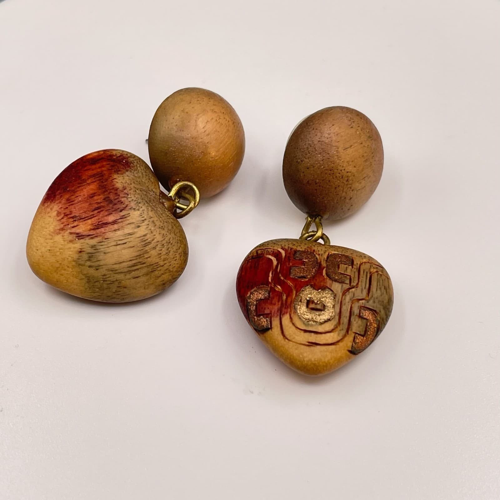 Vintage Wooden Dangle Heart Bead Accent Shape Earrings with Tribal or Ethnic - Thumbnail 3