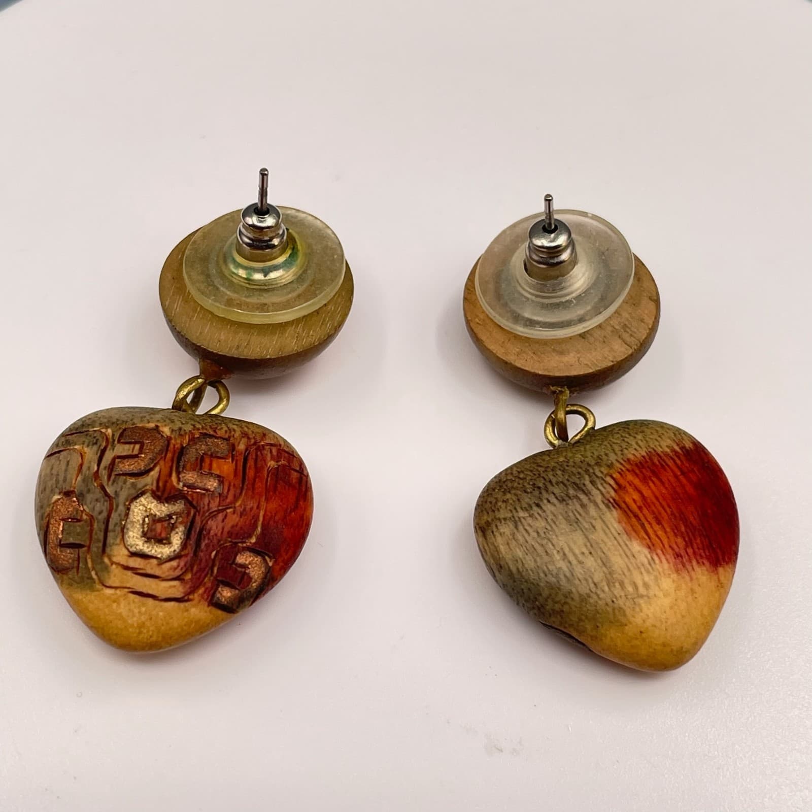 Vintage Wooden Dangle Heart Bead Accent Shape Earrings with Tribal or Ethnic - Thumbnail 6