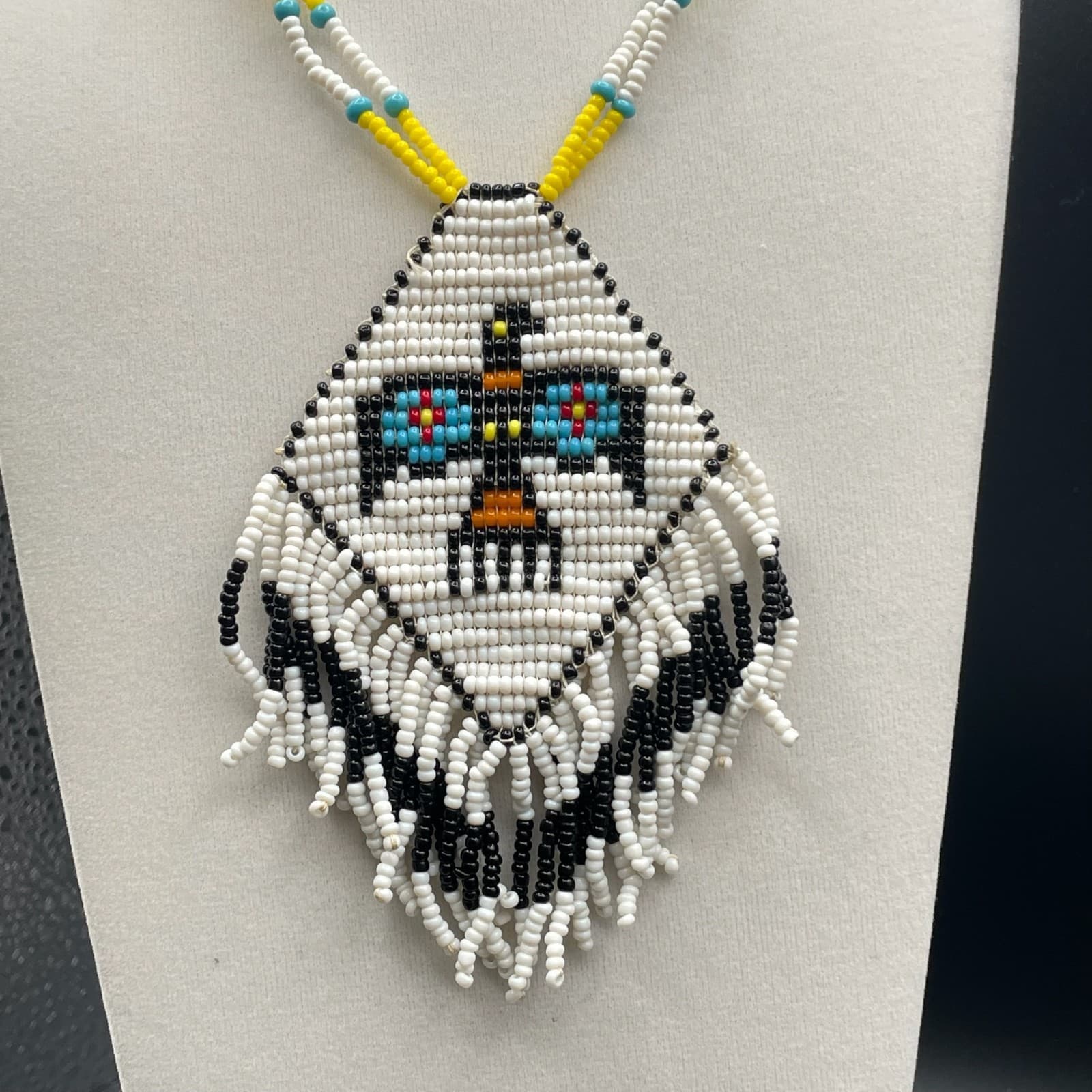 Vintage Glass Wood Thunderbird Motif Traditional Long Seed Beaded Necklace - 22" - Thumbnail 4