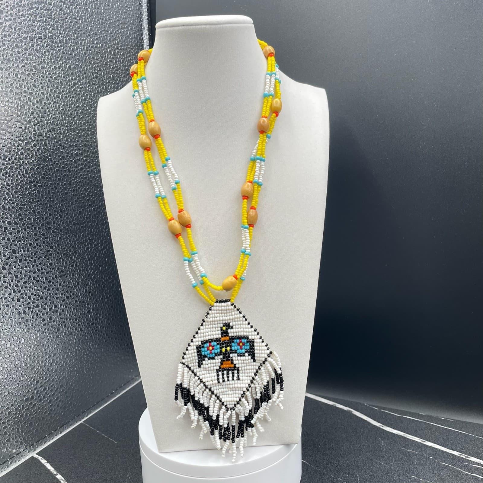 Vintage Glass Wood Thunderbird Motif Traditional Long Seed Beaded Necklace - 22" - Thumbnail 7