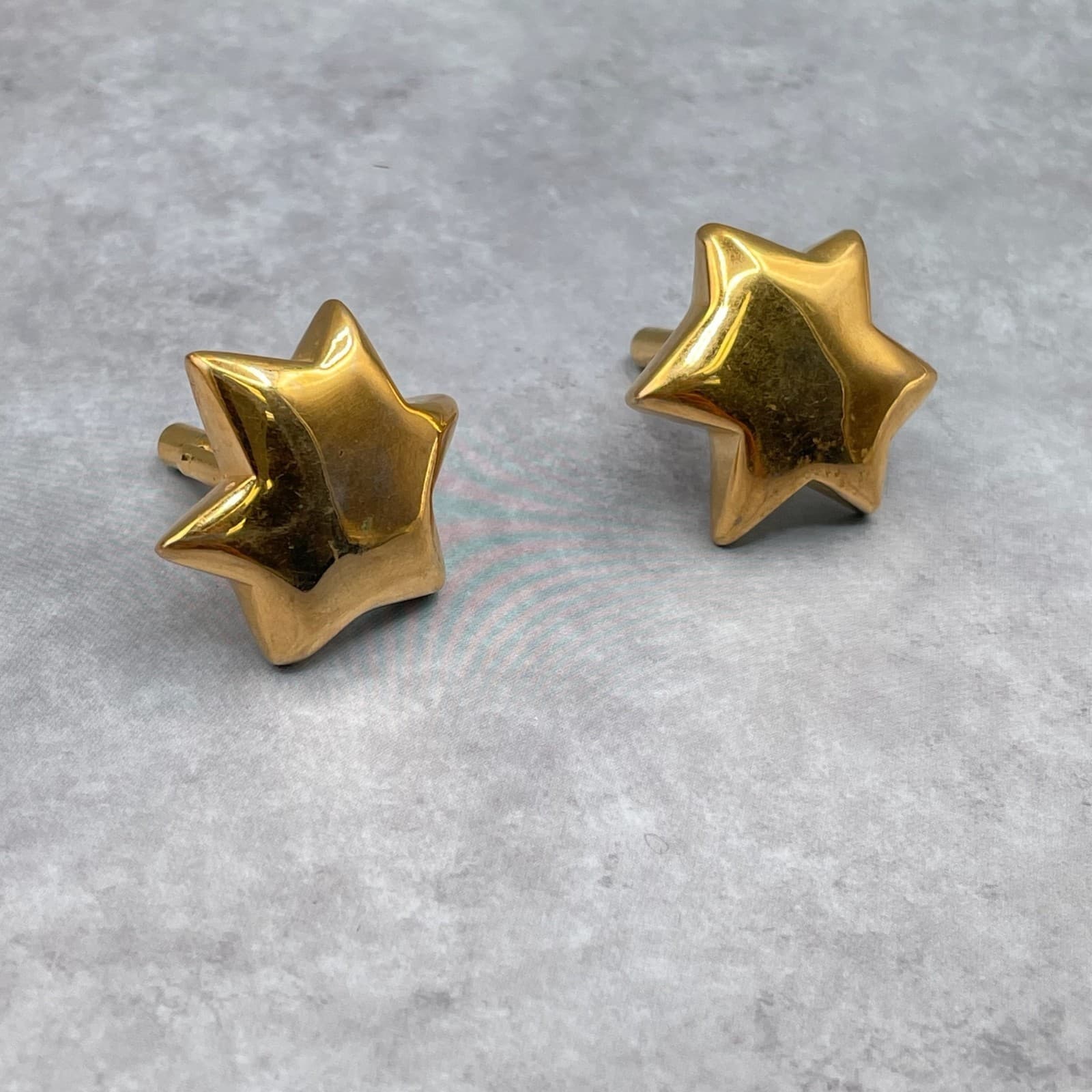 Vintage Chunky Shiny Gold Tone Clip-Back Puffed Star Cuff Links - Thumbnail 2