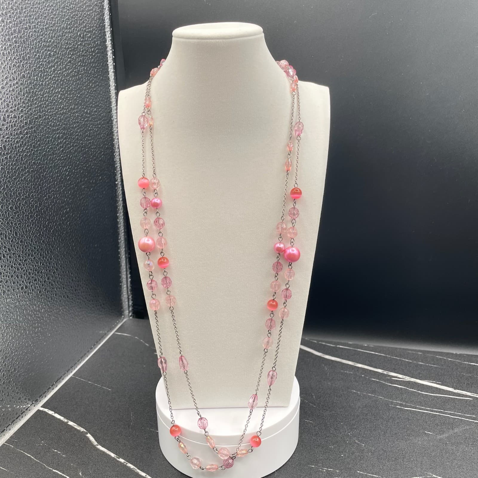 Vintage Pink Faux Pearl Crystal Glass Silver-Tone Classic Beaded Necklace - 30" - Image 1