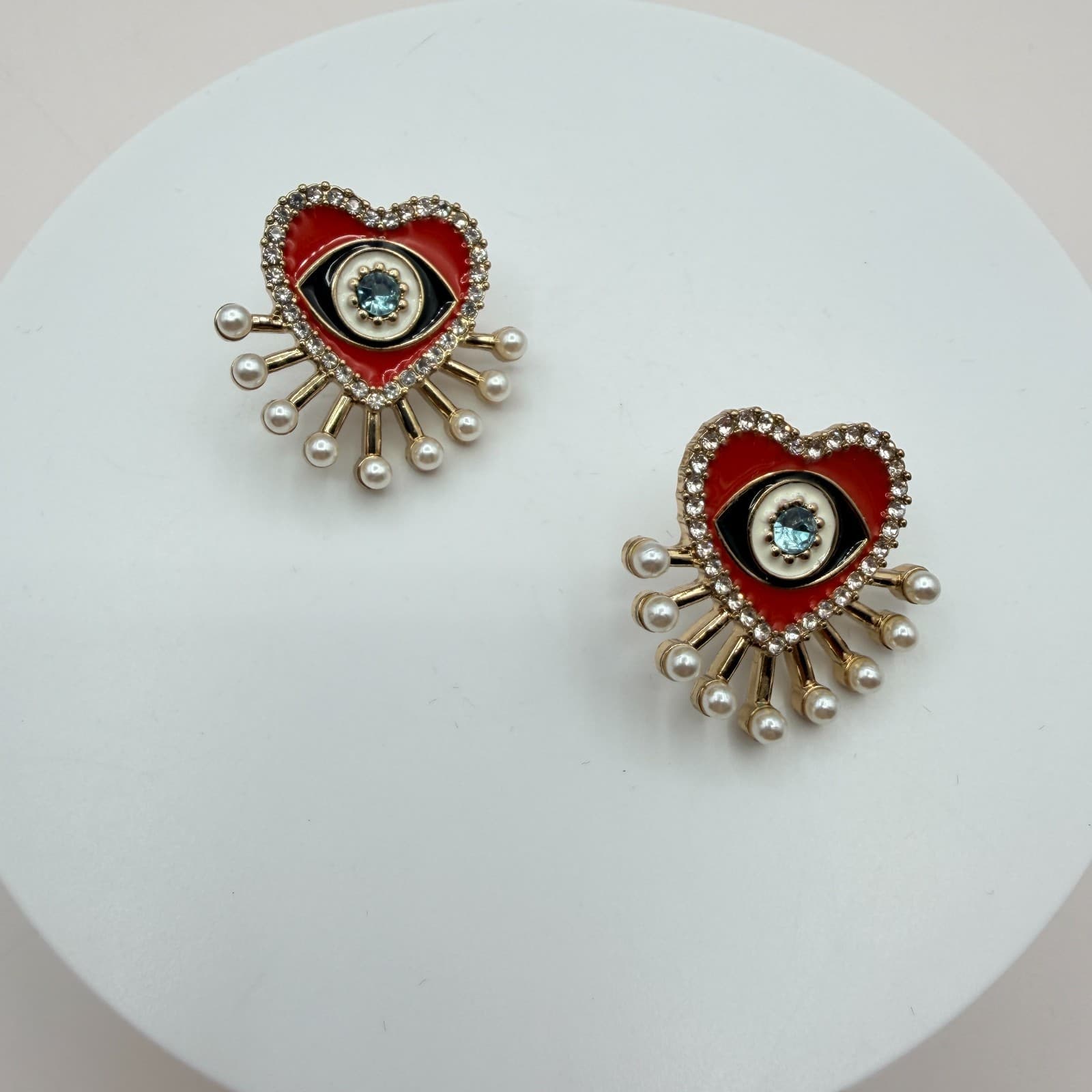 Vintage 90s SUGARFIX Red Heart Evil Eye Pearl Drop Earrings Fashion Jewelry - Thumbnail 3