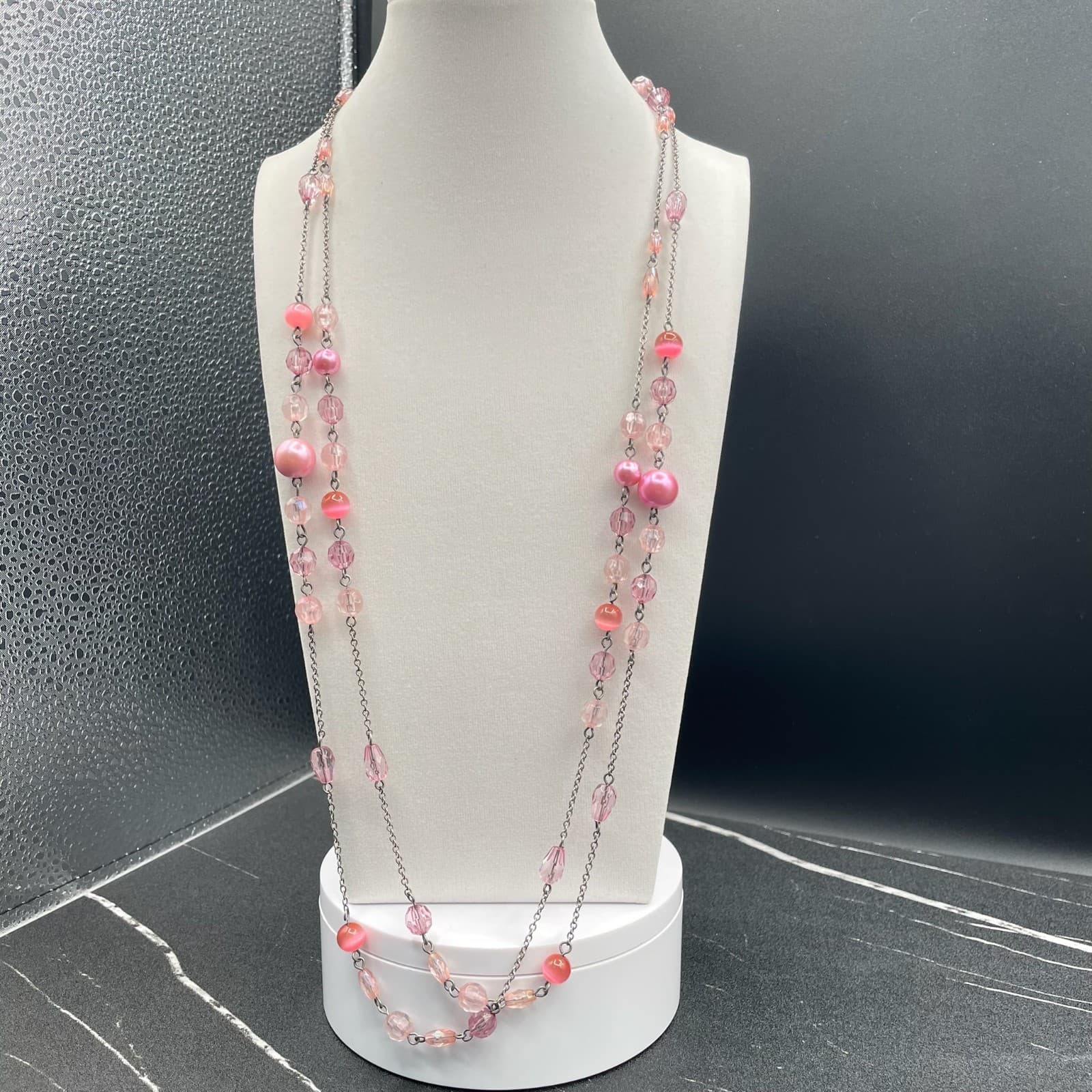 Vintage Pink Faux Pearl Crystal Glass Silver-Tone Classic Beaded Necklace - 30" - Thumbnail 2