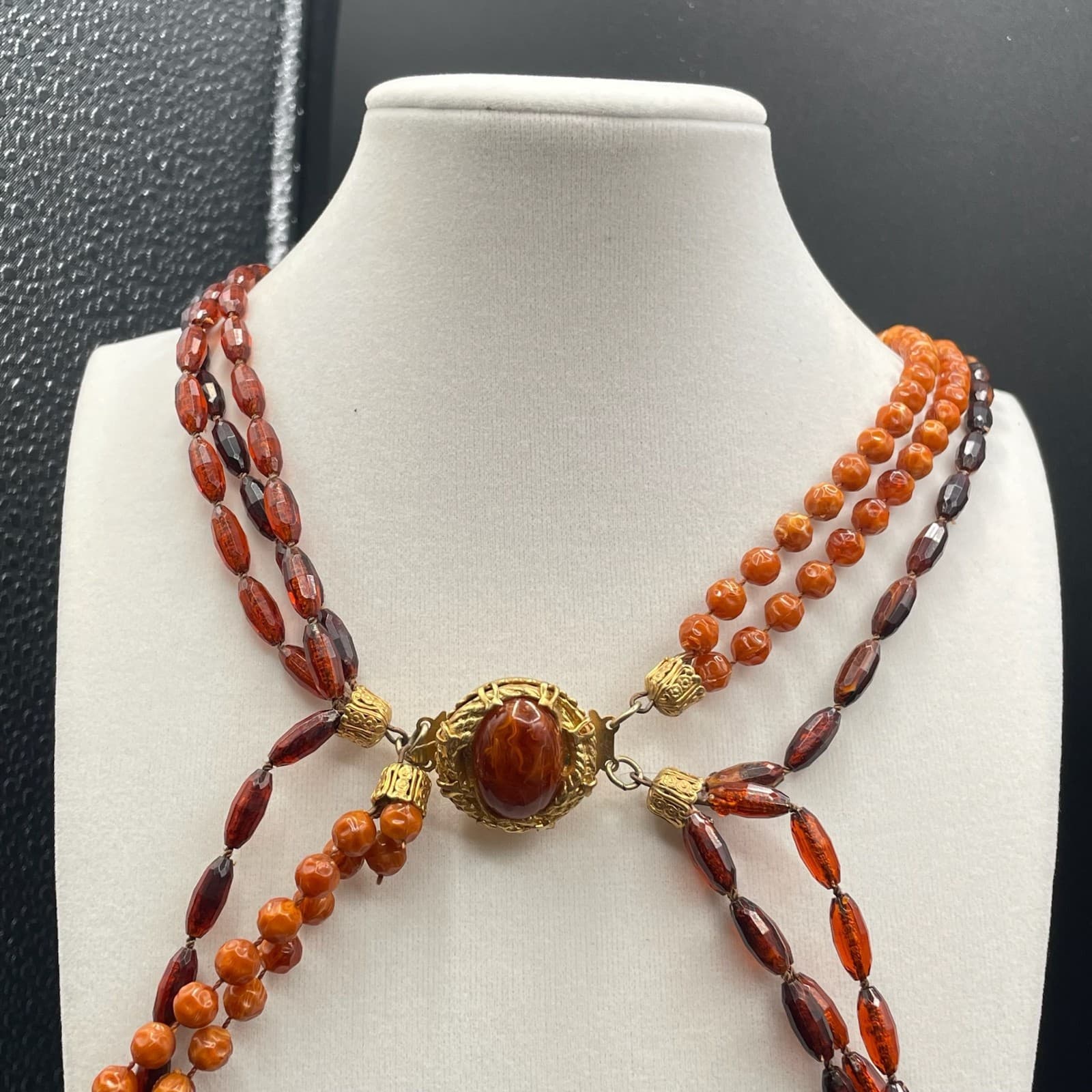 Vintage Amber Stone Gold-Toned Beaded Multi-Strand Classic Convertible Necklace - Thumbnail 9