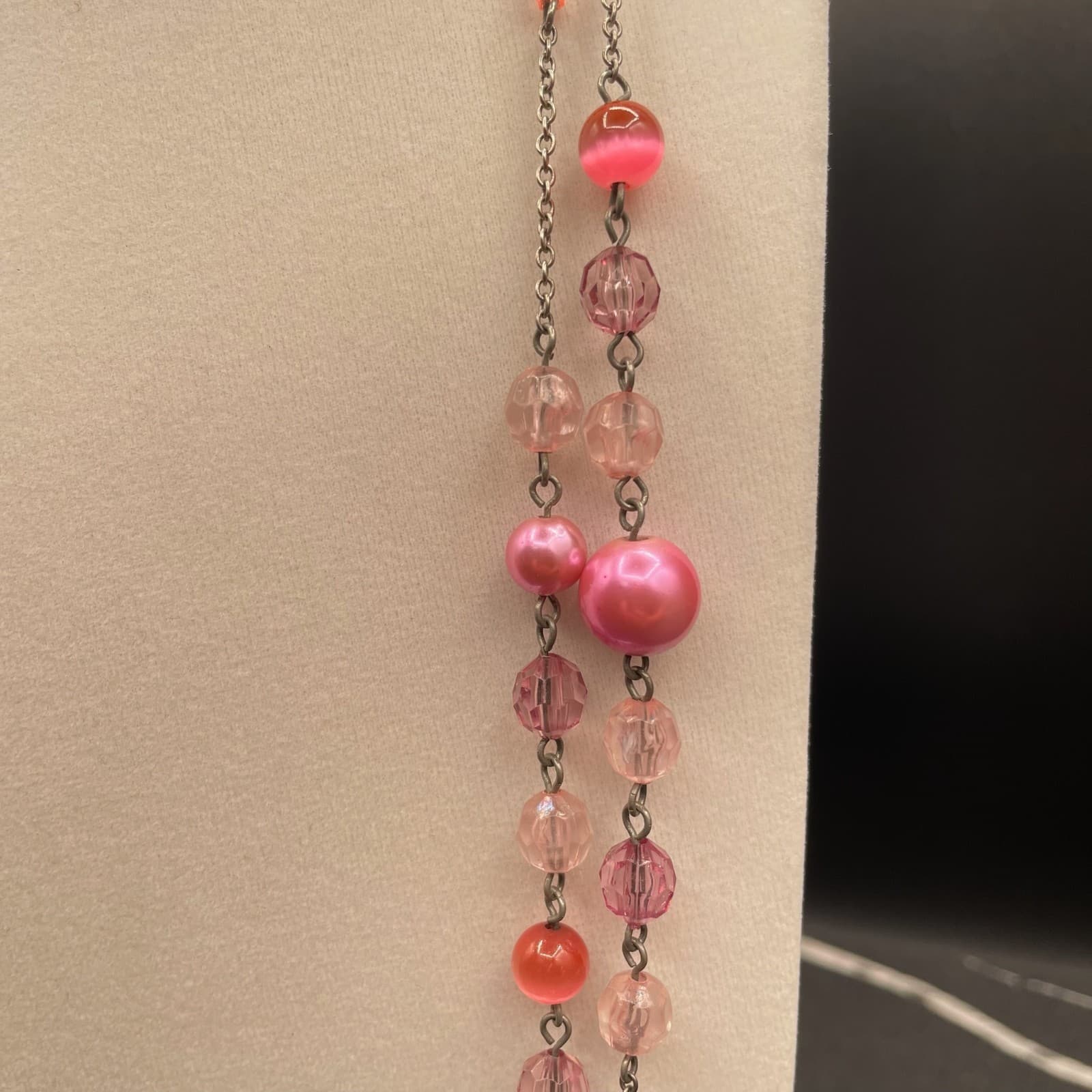 Vintage Pink Faux Pearl Crystal Glass Silver-Tone Classic Beaded Necklace - 30" - Thumbnail 5