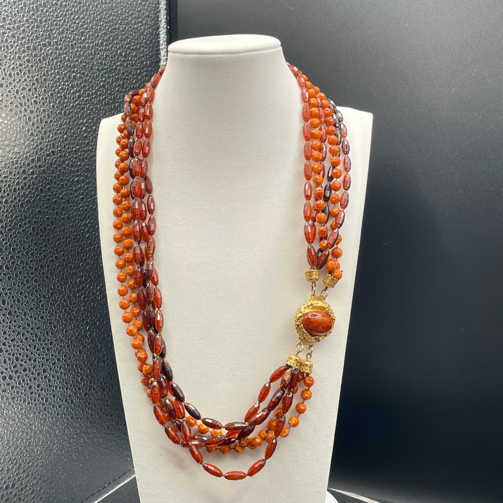 Vintage Amber Stone Gold-Toned Beaded Multi-Strand Classic Convertible Necklace - Thumbnail 12