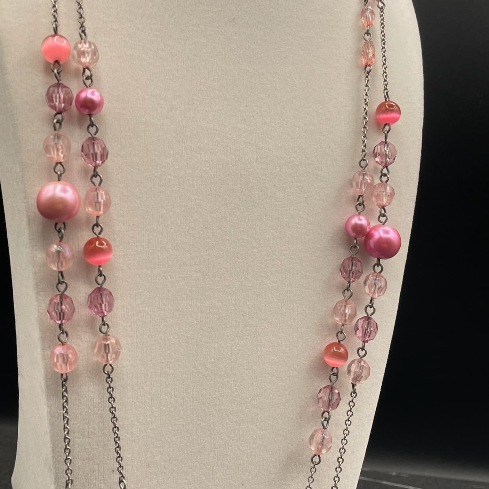 Vintage Pink Faux Pearl Crystal Glass Silver-Tone Classic Beaded Necklace - 30" - Thumbnail 6