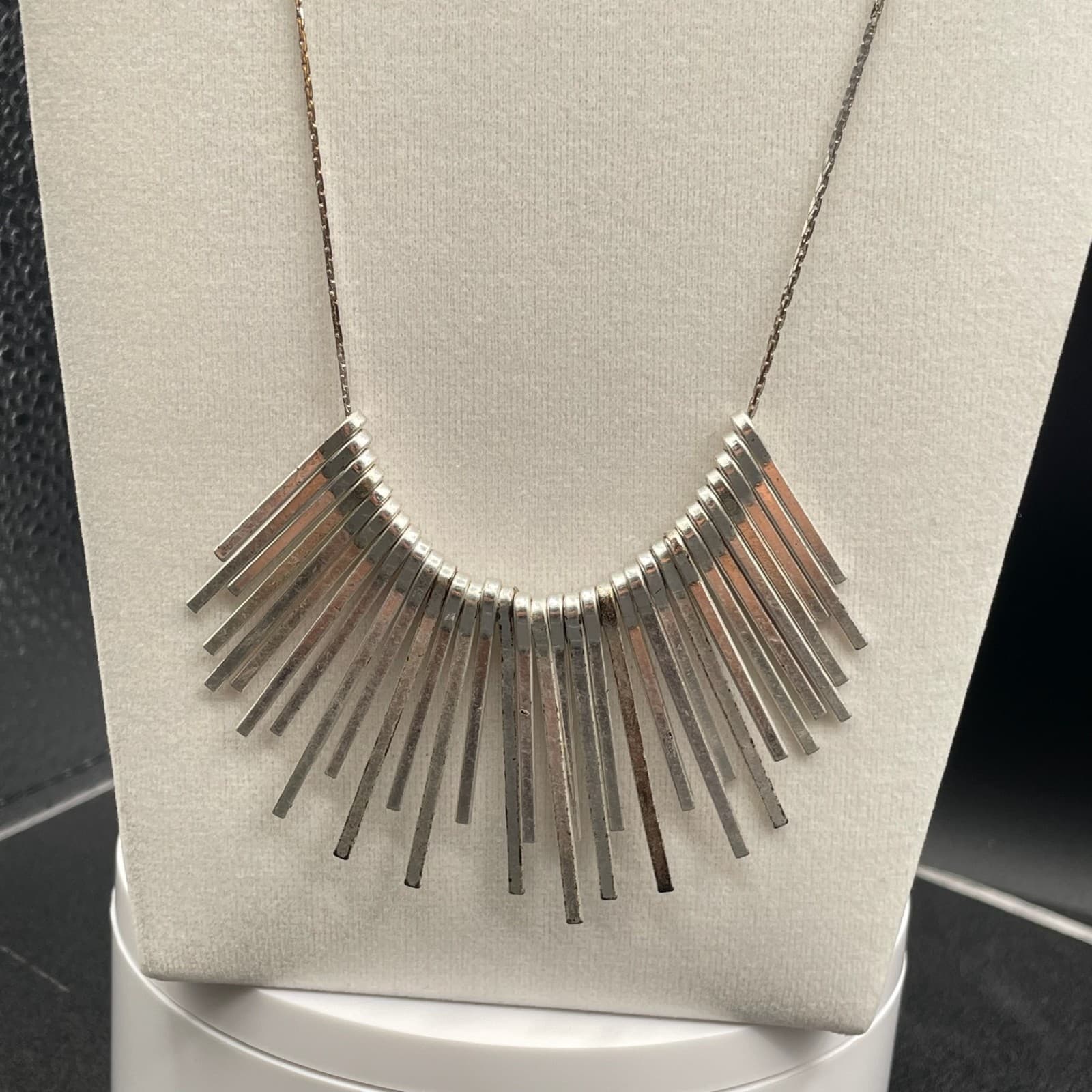 Vintage Silver Toned Lobster Modernist Statement Fringe Necklace Sunburst - 14" - Thumbnail 2