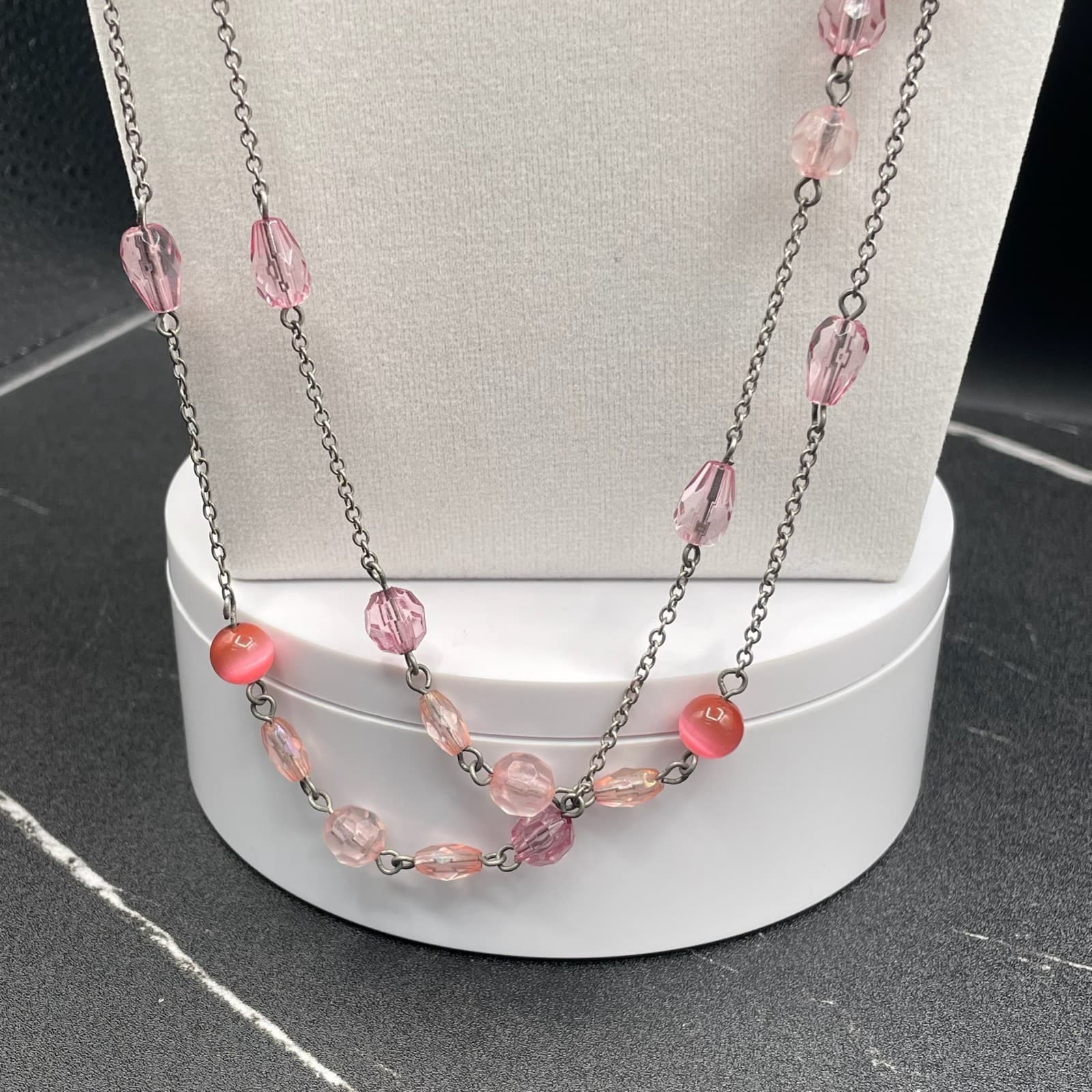 Vintage Pink Faux Pearl Crystal Glass Silver-Tone Classic Beaded Necklace - 30" - Thumbnail 9