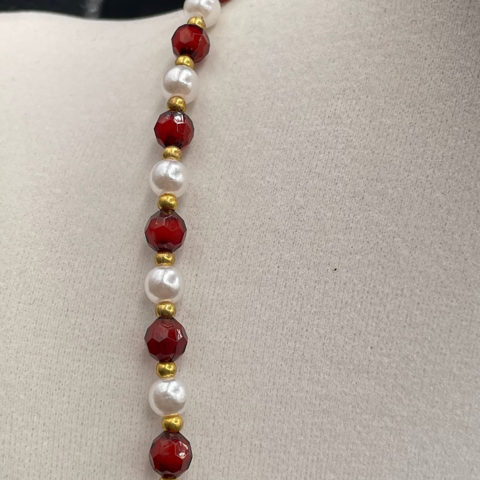 Vintage Red Gold White Faux Pearl & Gemstone Beaded Womens Fashion Jewelry Long - Thumbnail 8
