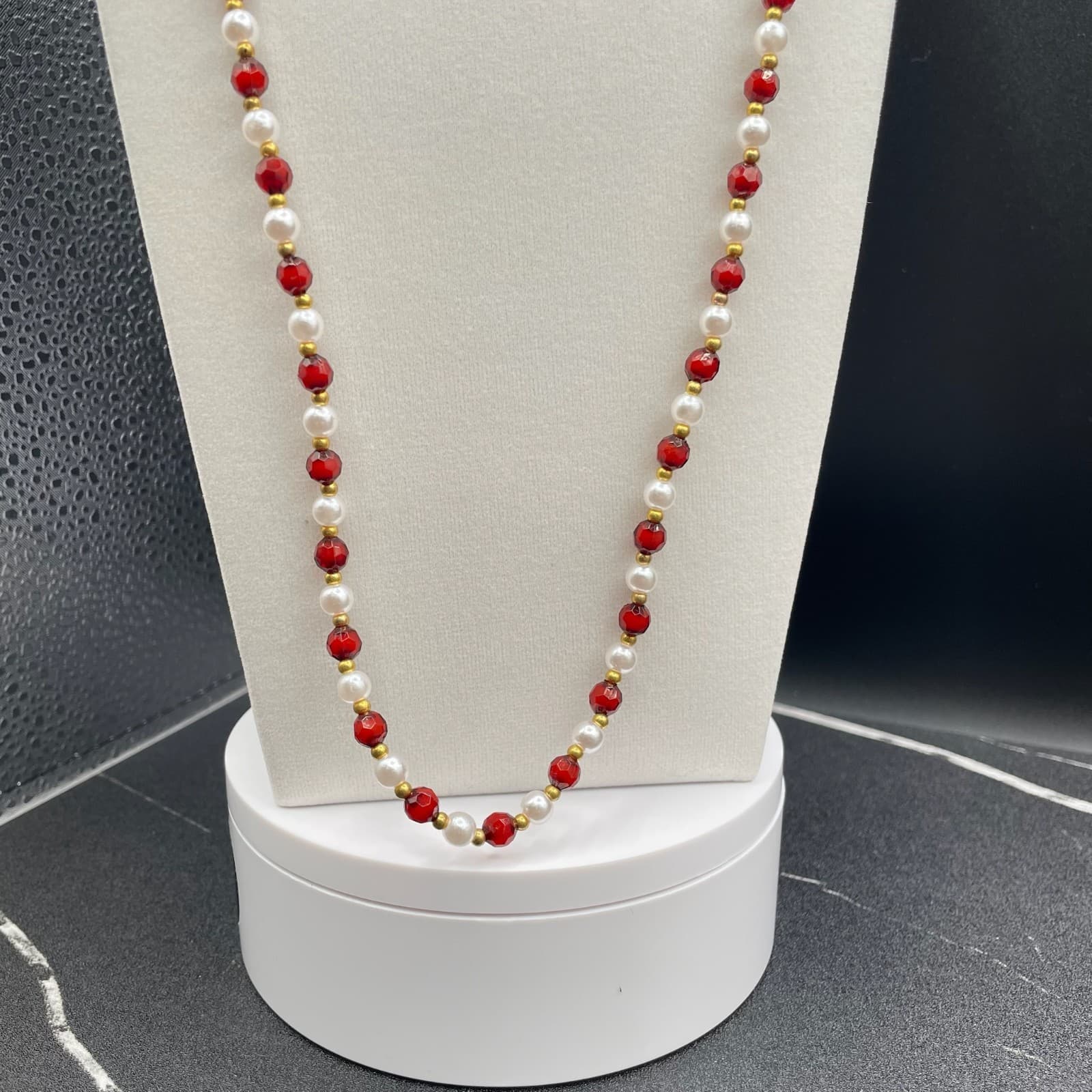 Vintage Red Gold White Faux Pearl & Gemstone Beaded Womens Fashion Jewelry Long - Thumbnail 4