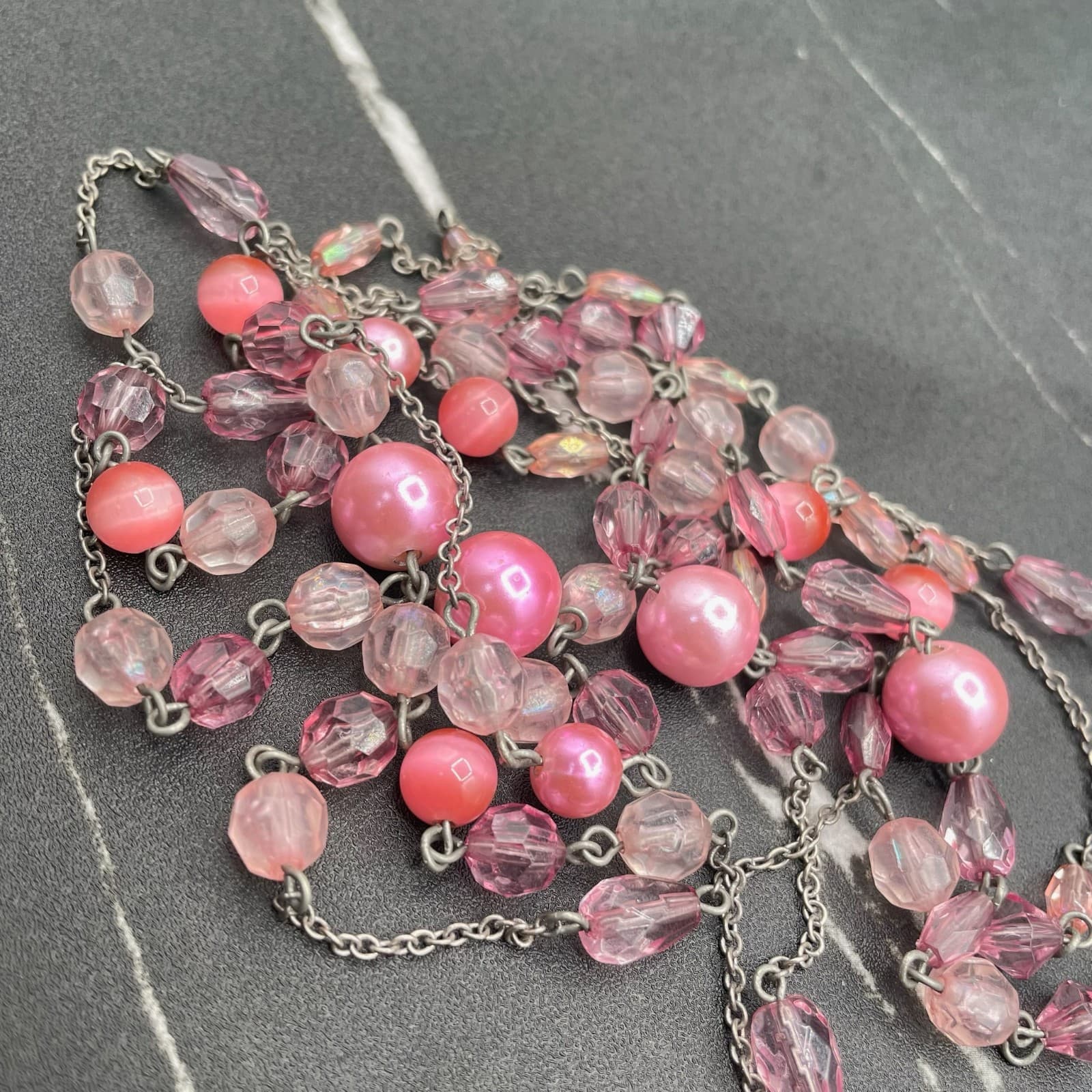 Vintage Pink Faux Pearl Crystal Glass Silver-Tone Classic Beaded Necklace - 30" - Thumbnail 11