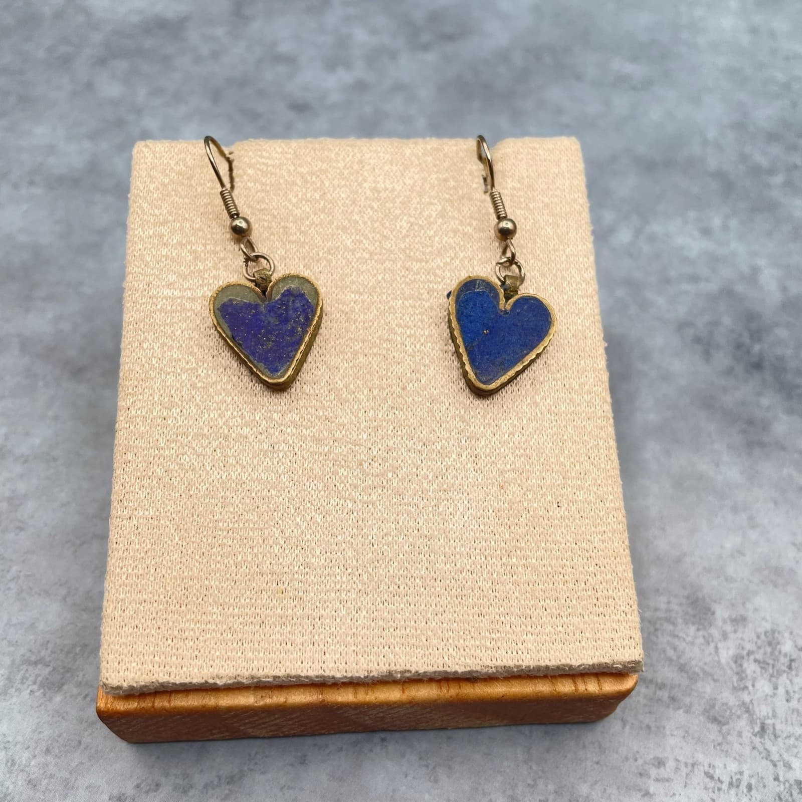 Vintage Style Boho Brass Tone Dangle Hook Lapis Lazuli Heart Drop Earrings - Image 1