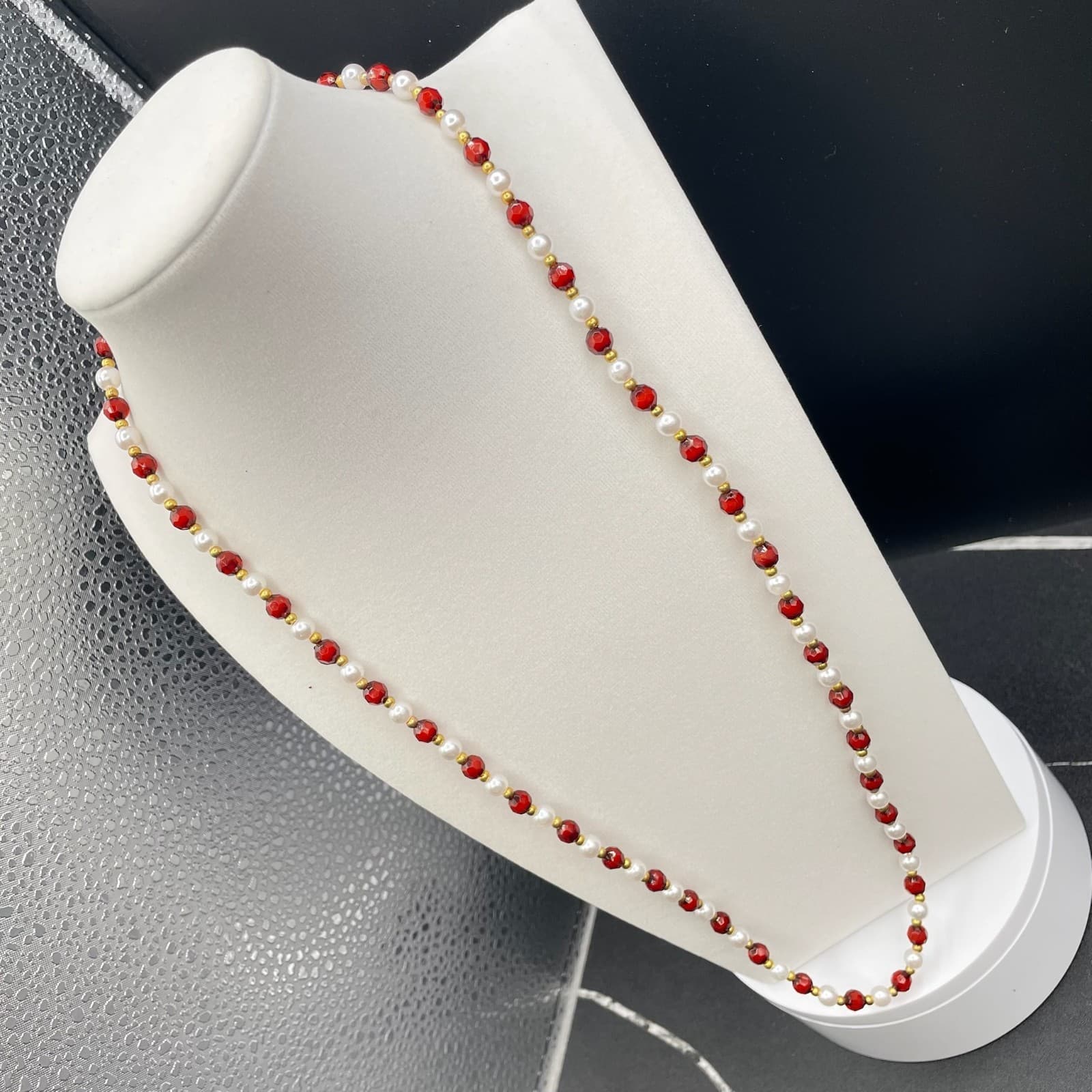 Vintage Red Gold White Faux Pearl & Gemstone Beaded Womens Fashion Jewelry Long - Thumbnail 6