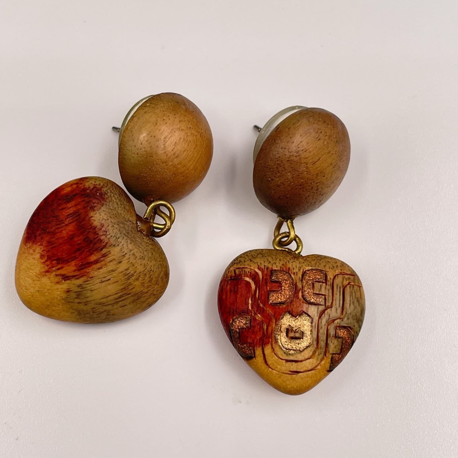 Vintage Wooden Dangle Heart Bead Accent Shape Earrings with Tribal or Ethnic - Thumbnail 4