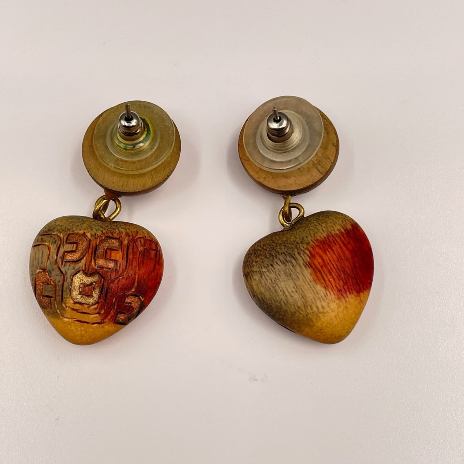 Vintage Wooden Dangle Heart Bead Accent Shape Earrings with Tribal or Ethnic - Thumbnail 5