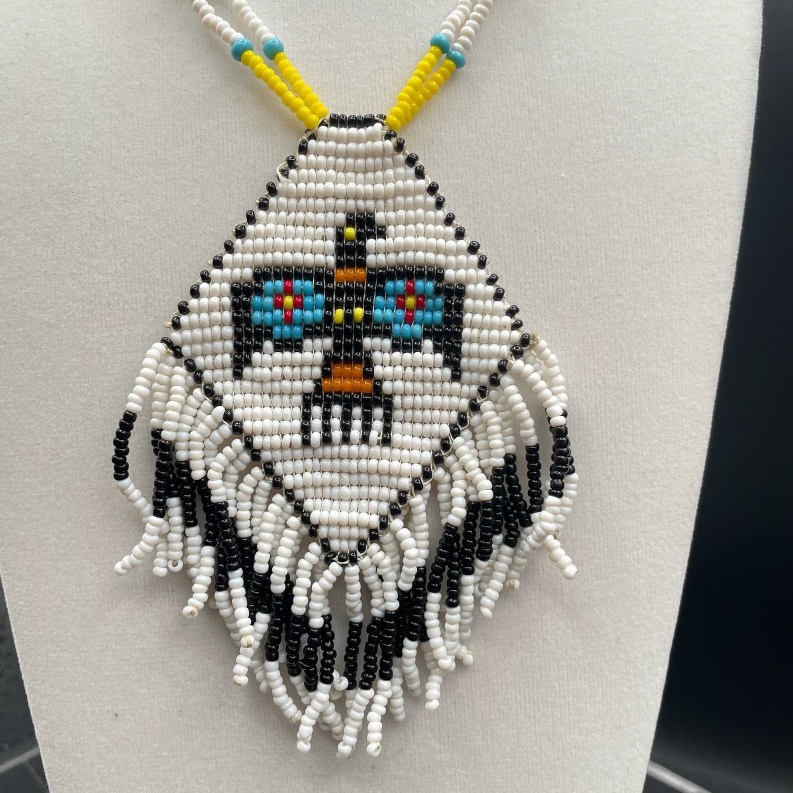 Vintage Glass Wood Thunderbird Motif Traditional Long Seed Beaded Necklace - 22" - Thumbnail 3