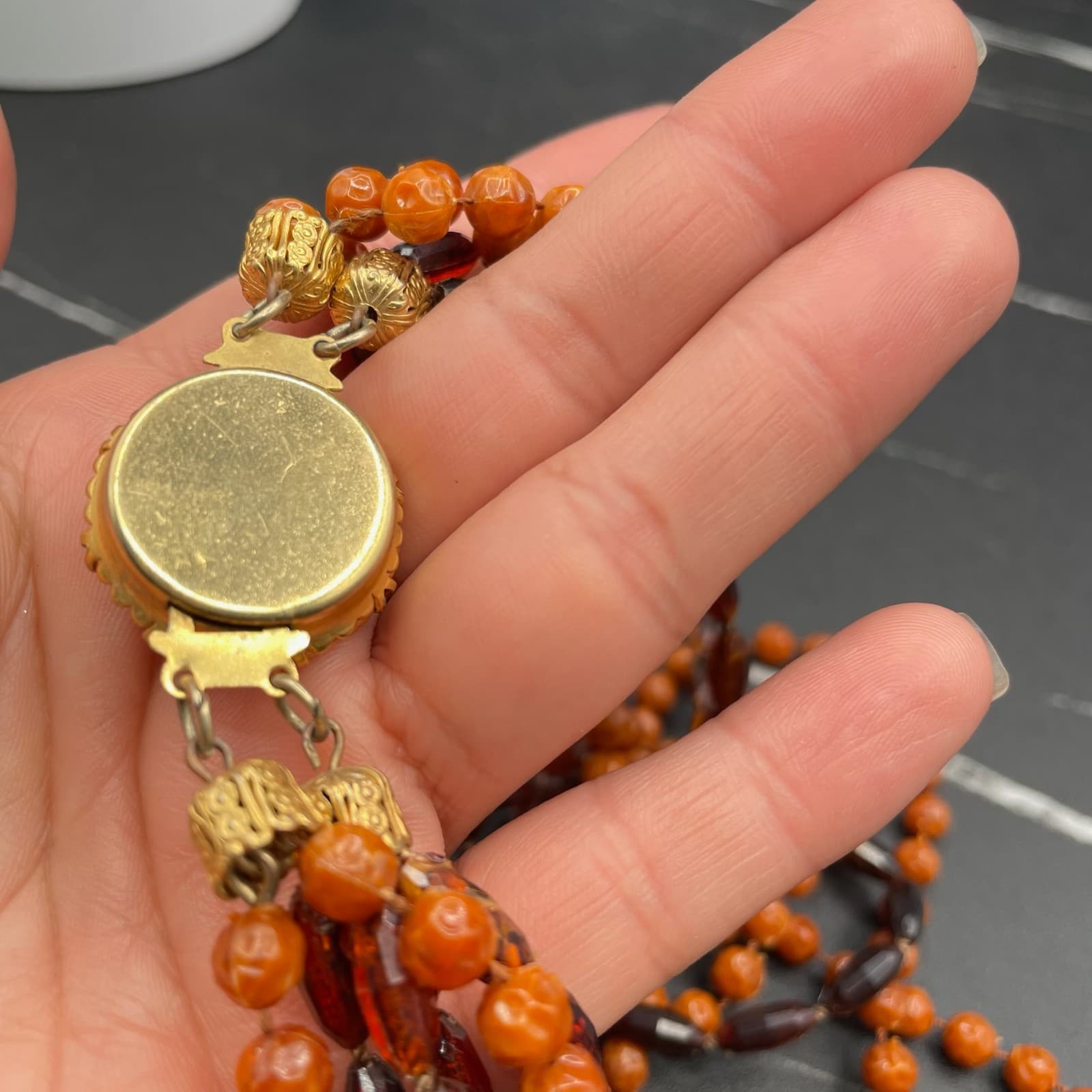 Vintage Amber Stone Gold-Toned Beaded Multi-Strand Classic Convertible Necklace - Thumbnail 3