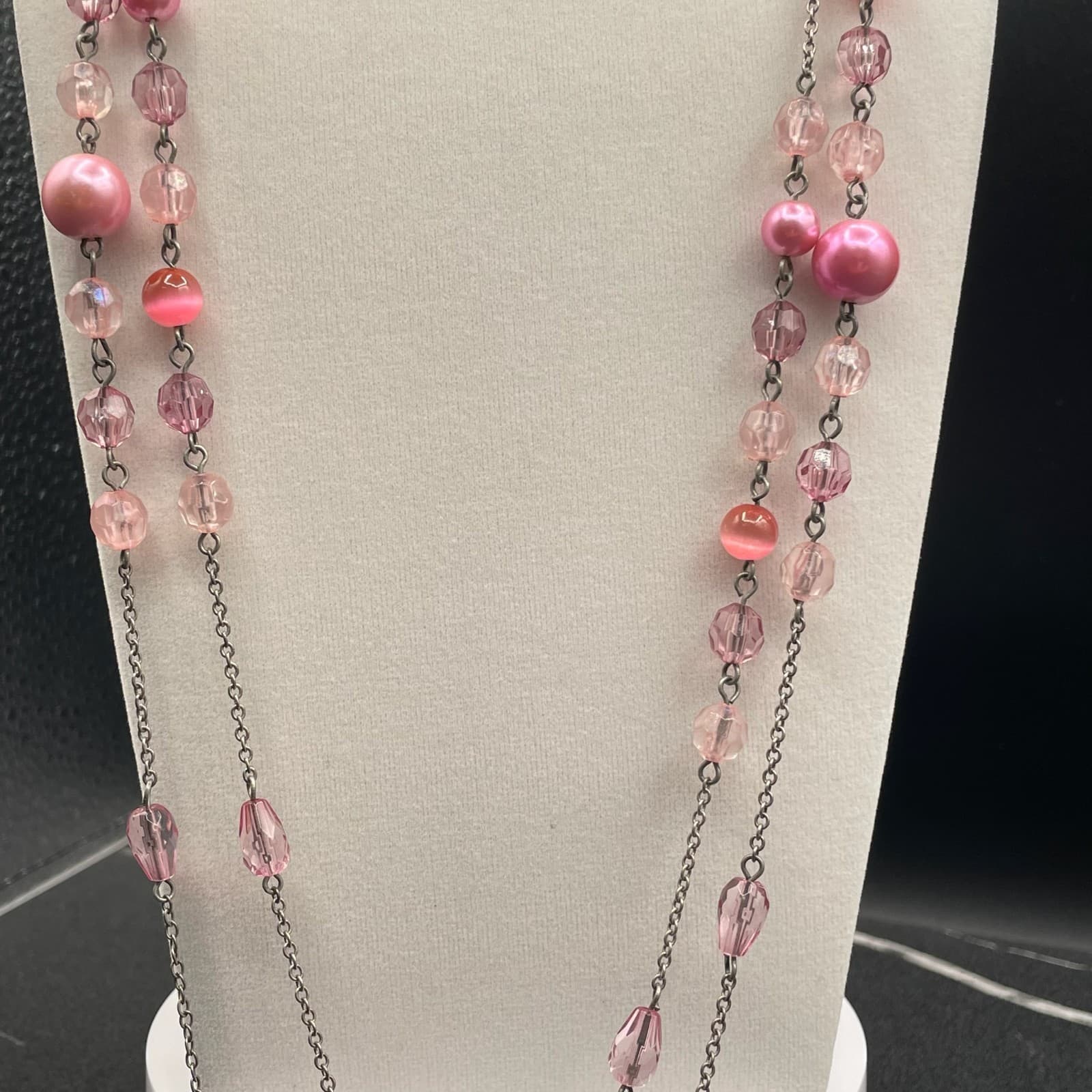 Vintage Pink Faux Pearl Crystal Glass Silver-Tone Classic Beaded Necklace - 30" - Thumbnail 10