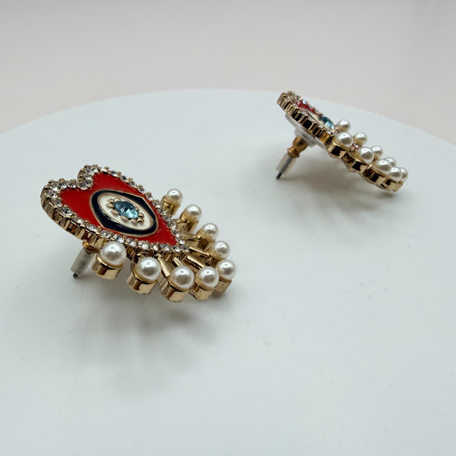 Vintage 90s SUGARFIX Red Heart Evil Eye Pearl Drop Earrings Fashion Jewelry - Thumbnail 5