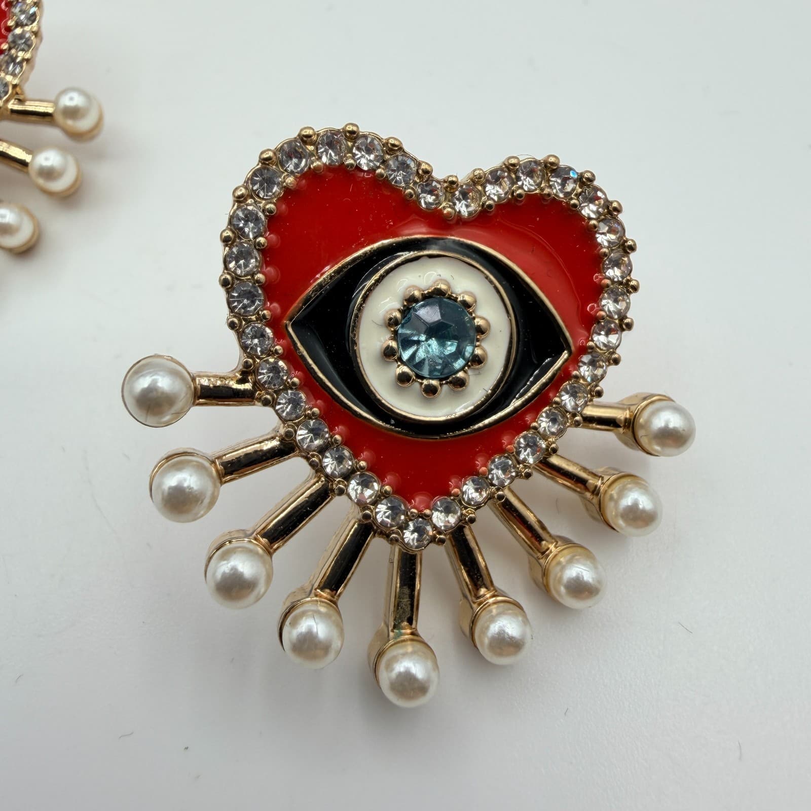 Vintage 90s SUGARFIX Red Heart Evil Eye Pearl Drop Earrings Fashion Jewelry - Thumbnail 4