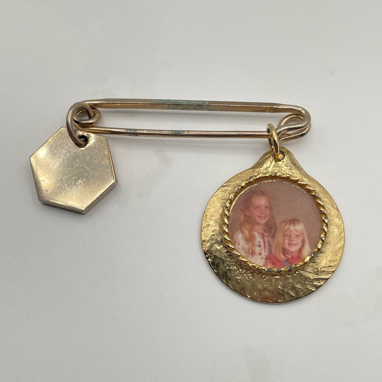 Vintage Gold-Tone Safety Lapel Pin Custom Photo Charm with Picture 60s - Image 1