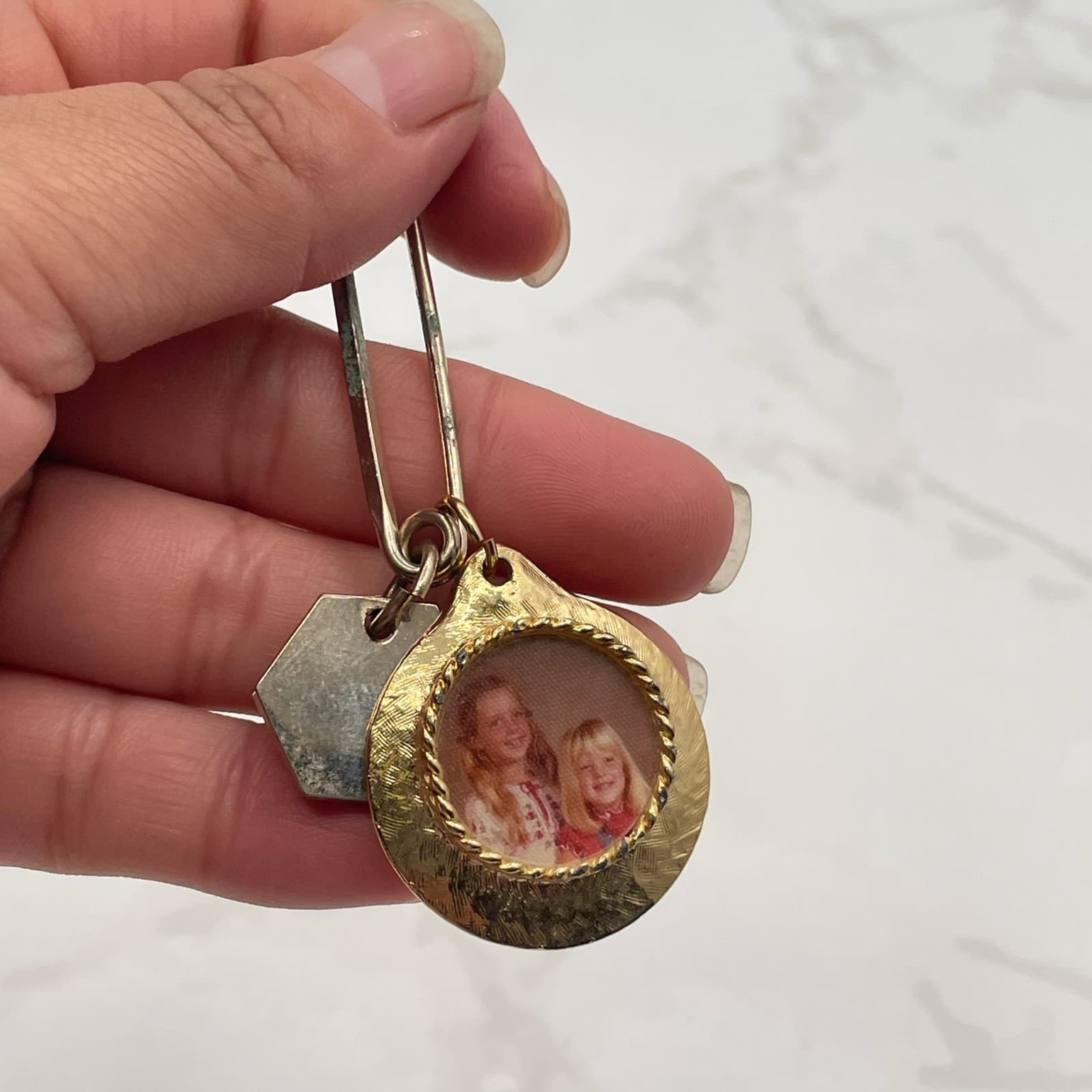 Vintage Gold-Tone Safety Lapel Pin Custom Photo Charm with Picture 60s - Thumbnail 13