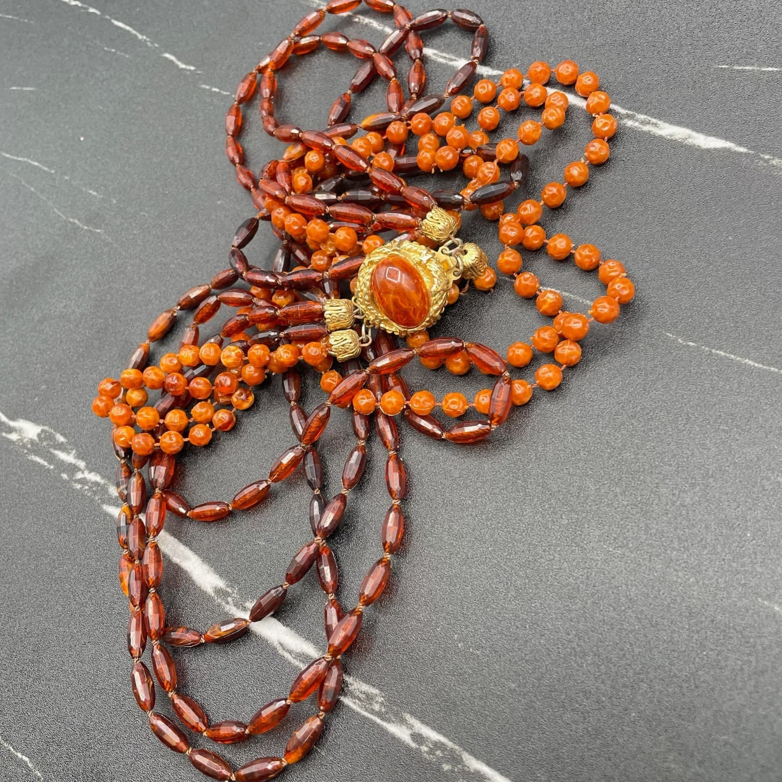 Vintage Amber Stone Gold-Toned Beaded Multi-Strand Classic Convertible Necklace - Thumbnail 6