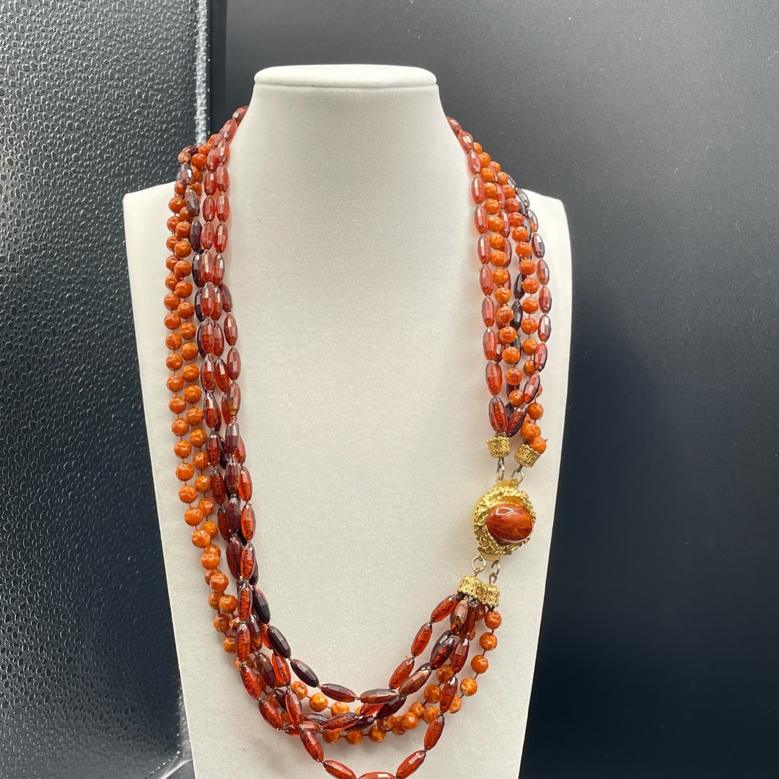 Vintage Amber Stone Gold-Toned Beaded Multi-Strand Classic Convertible Necklace - Thumbnail 13